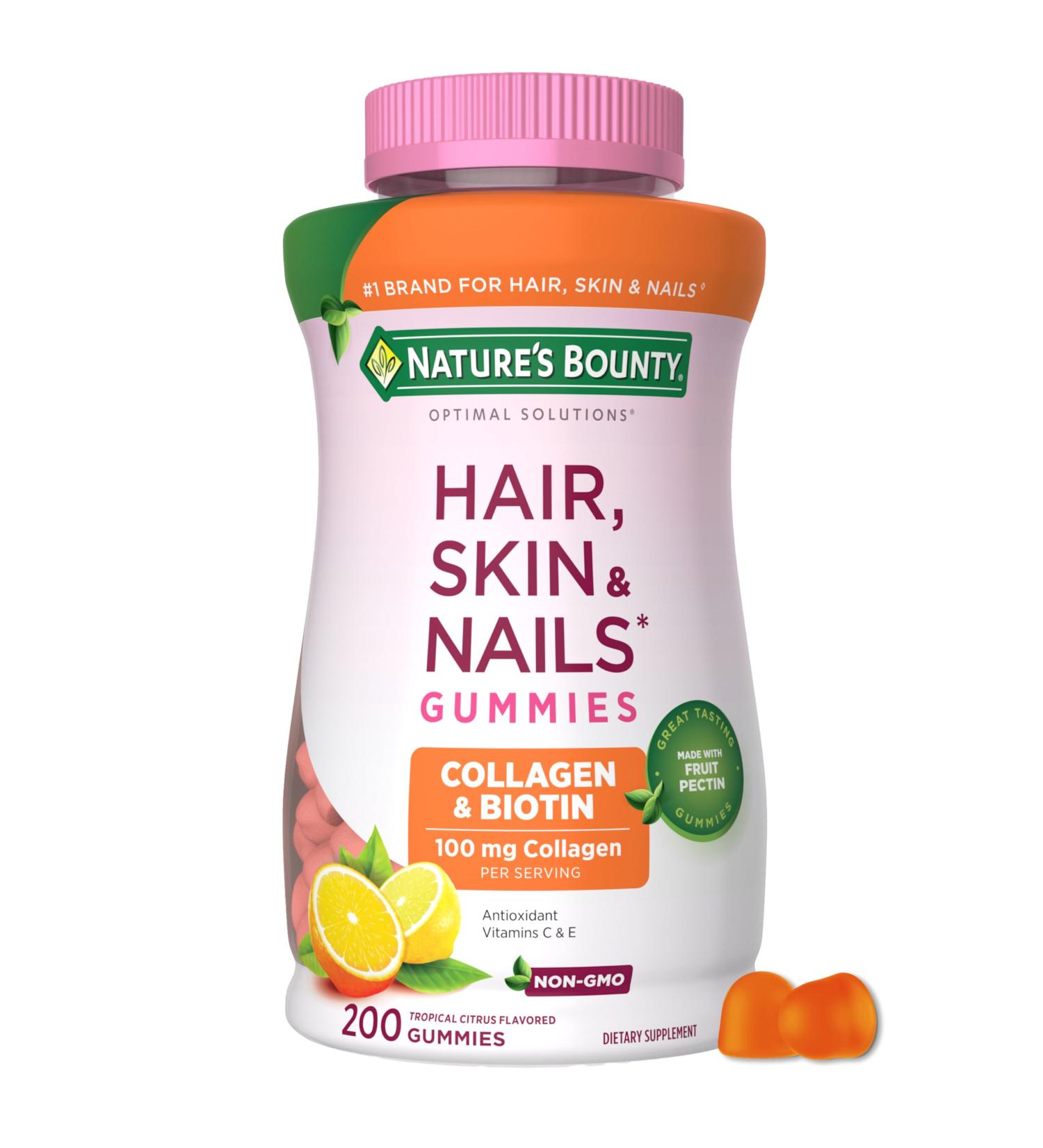 Nature's Bounty Optimal Solutions Hair Skin and Nails Collagen Pectin Gummies 100 mg Collagen and 2 500 mcg Biotin Per Serving No Stick Gummy Tropical Citrus Flavor 200 ct 100 Total Servings 200 Count (Pack of 1) - Buy Online on GoSupps.com