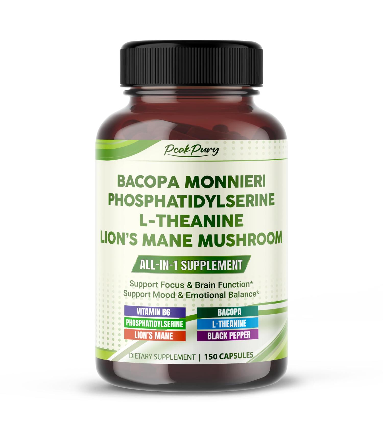 Premium Bacopa Phosphatidylserine L-Theanine & Lion s Mane All-in-1 Supplement for Focus Brain Function & Emotional Balance 150 Capsules 150 count (pack of 1) - Buy Online on GoSupps.com
