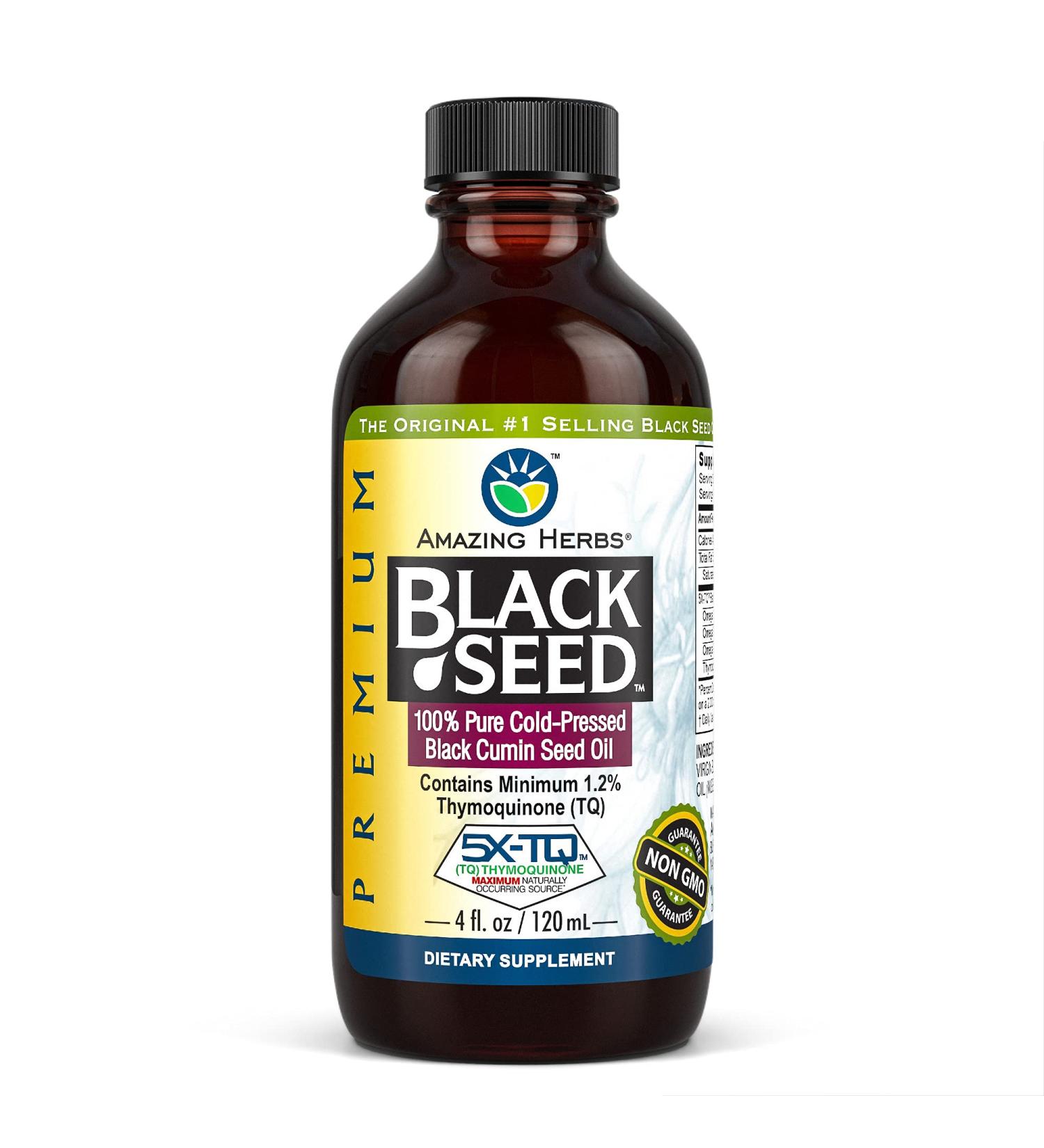 Amazing Herbs Premium Black Seed Oil 4 Fl Oz - Cold Pressed Nigella Sativa for Digestive Health, Immune Support, Brain Function, Joint Mobility - Gluten Free, Non GMO - Buy Online on GoSupps.com