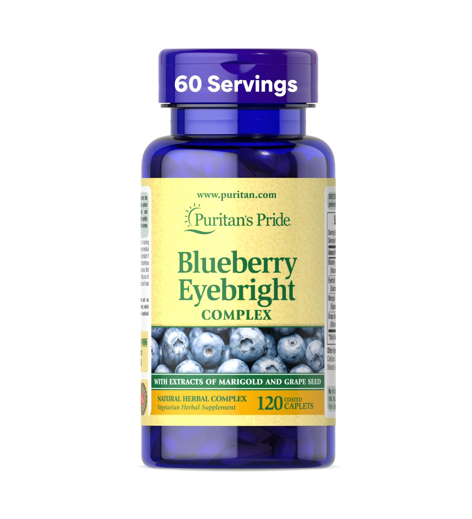Puritan's Pride Premium Blueberry Eyebright Complex with Extracts of Marigold and Grapeseed Dietary Supplement for Antioxidant Health 120 Coated Caplets - Buy Online on GoSupps.com