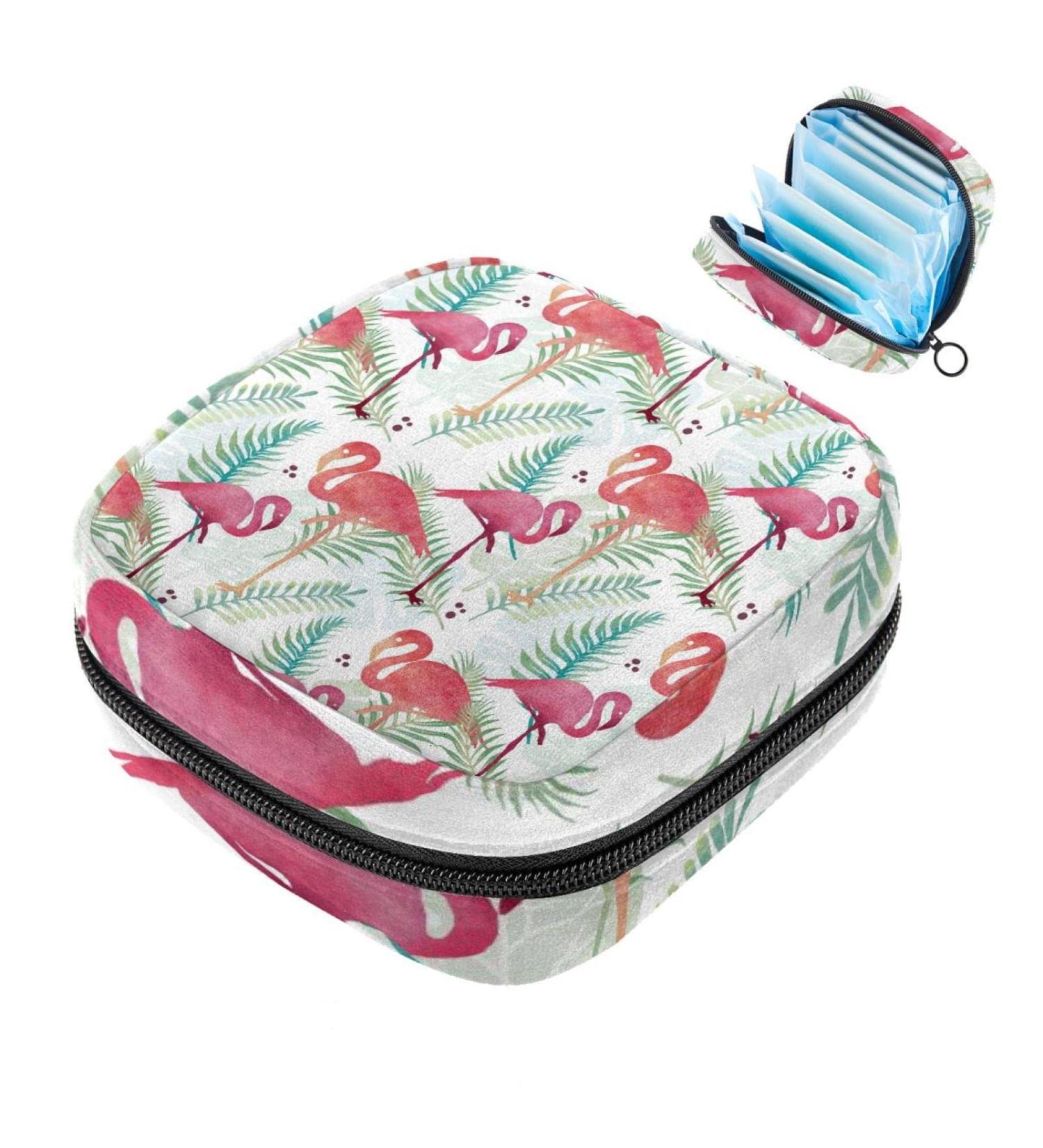 Rosa Flamingo Pattern Storage Bags | Tropical Leaves Menstrual Pad & Cup Bag | Zipper Bags for Teens & Women - Buy Online on GoSupps.com