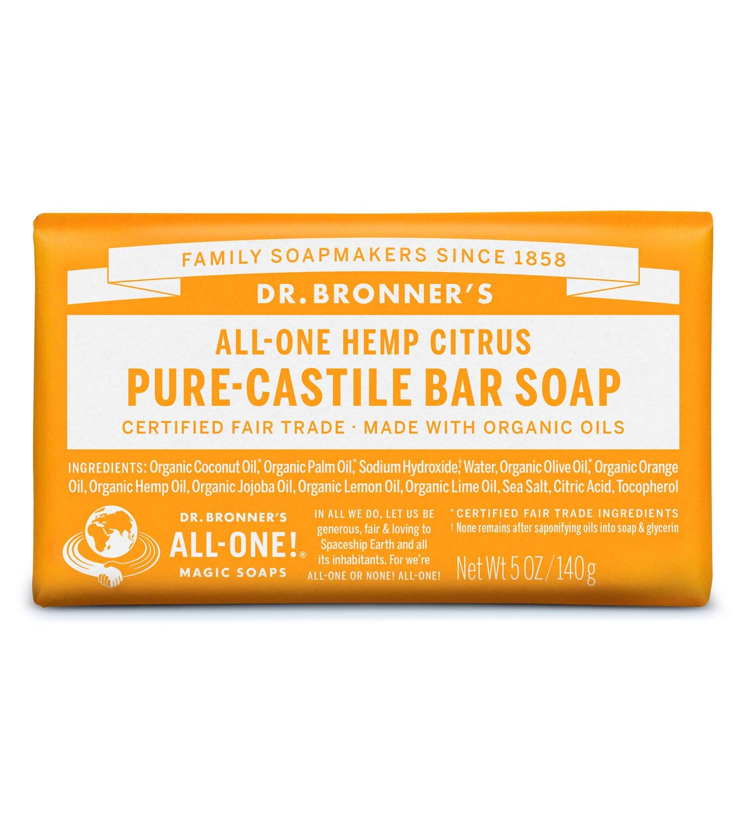 Dr. Bronner's Citrus Pure-Castile Bar Soap 5oz - Organic, Vegan, Gentle for Face, Body, Hair - Buy Online on GoSupps.com