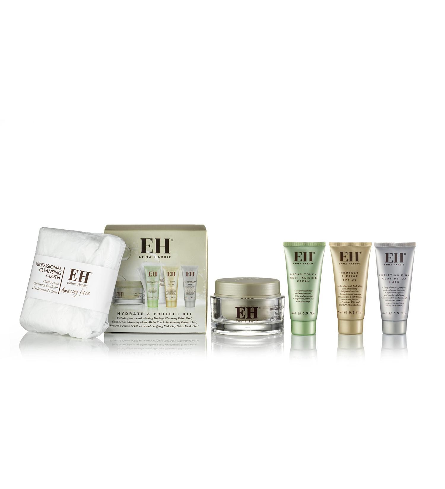 Emma Hardie Hydrate & Protect Kit Gift Sets Includes: 50ml Moringa Cleansing Balm 15ml Midas Touch Revitalising Cream 15ml Protect & Prime SPF30 Cream 15ml Pink Clay Detox Mask & a Cleansing Cloth - Buy Online on GoSupps.com