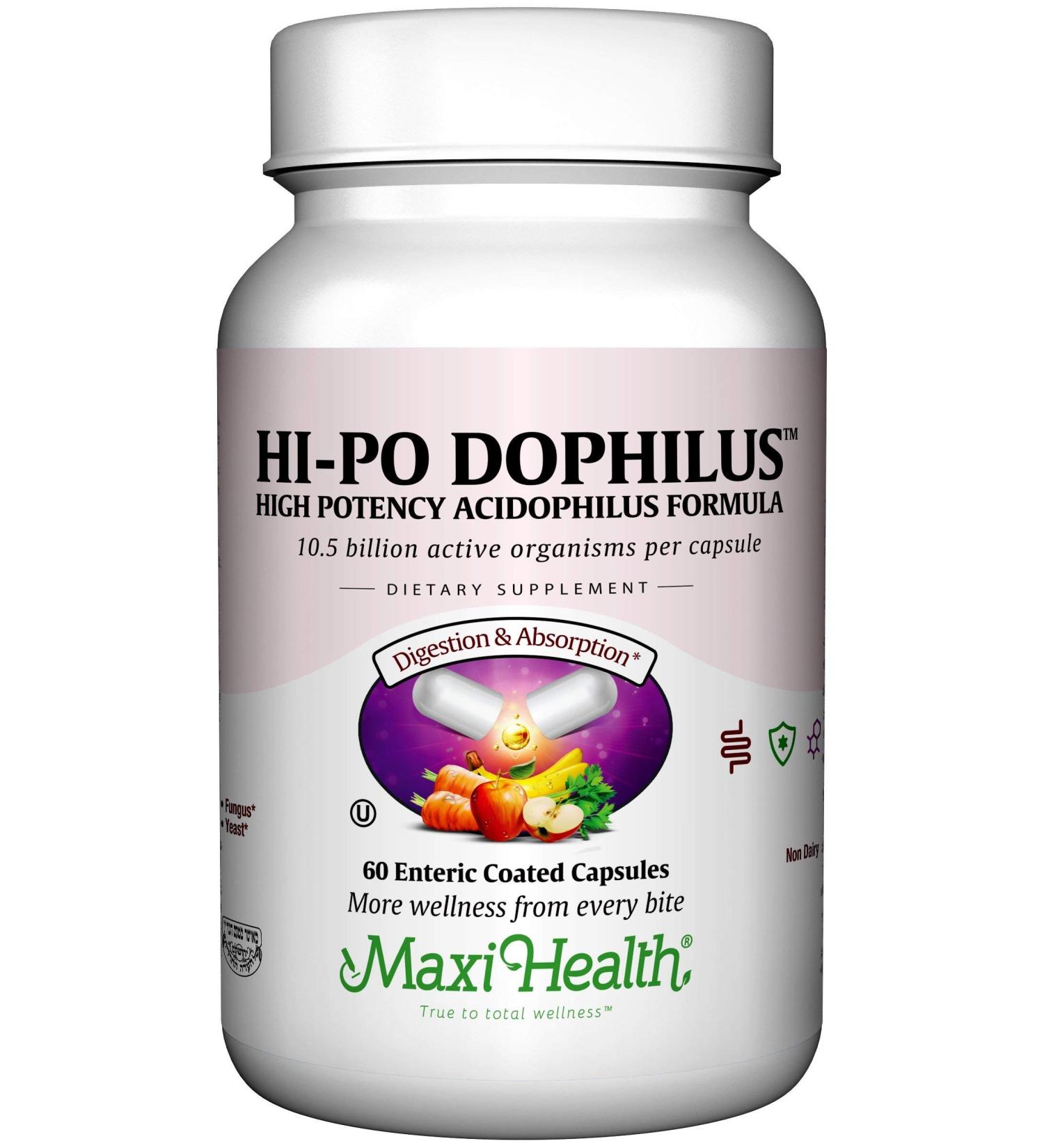 Maxi Health Hi-Po Dophilus - Probiotic Supplement - Lactobacillus & Bifidobacterium Probiotics for Men and Women Digestive Health Gut Health Bloating Relief Gas Relief - 60 Capsules 60 Count (Pack of 1)