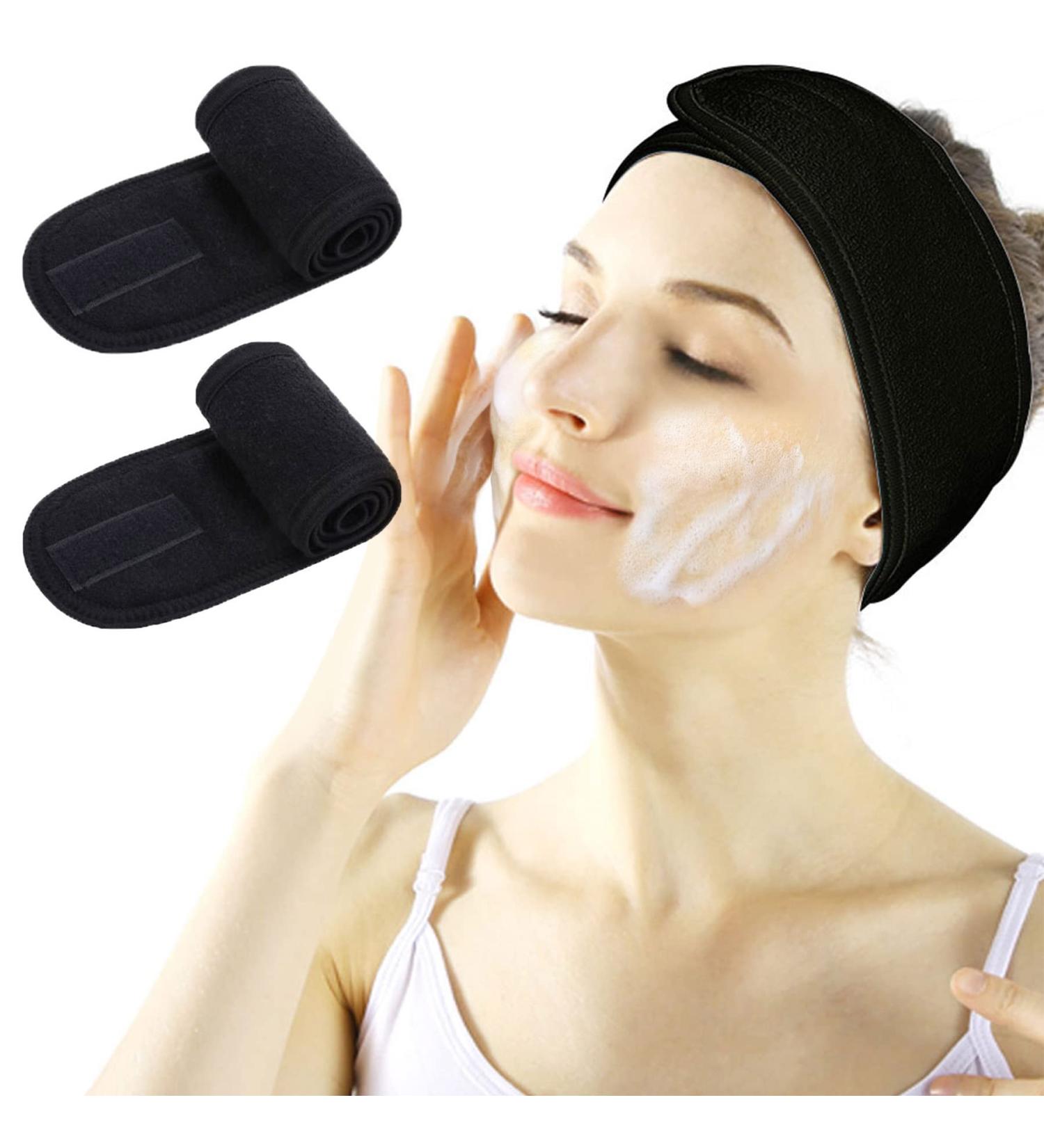 Facial Spa Headband - 2 Pcs Makeup Shower Bath Wrap Sport Headband Terry Cloth Adjustable Stretch Towel with Magic Tape Black+Black - Buy Online on GoSupps.com