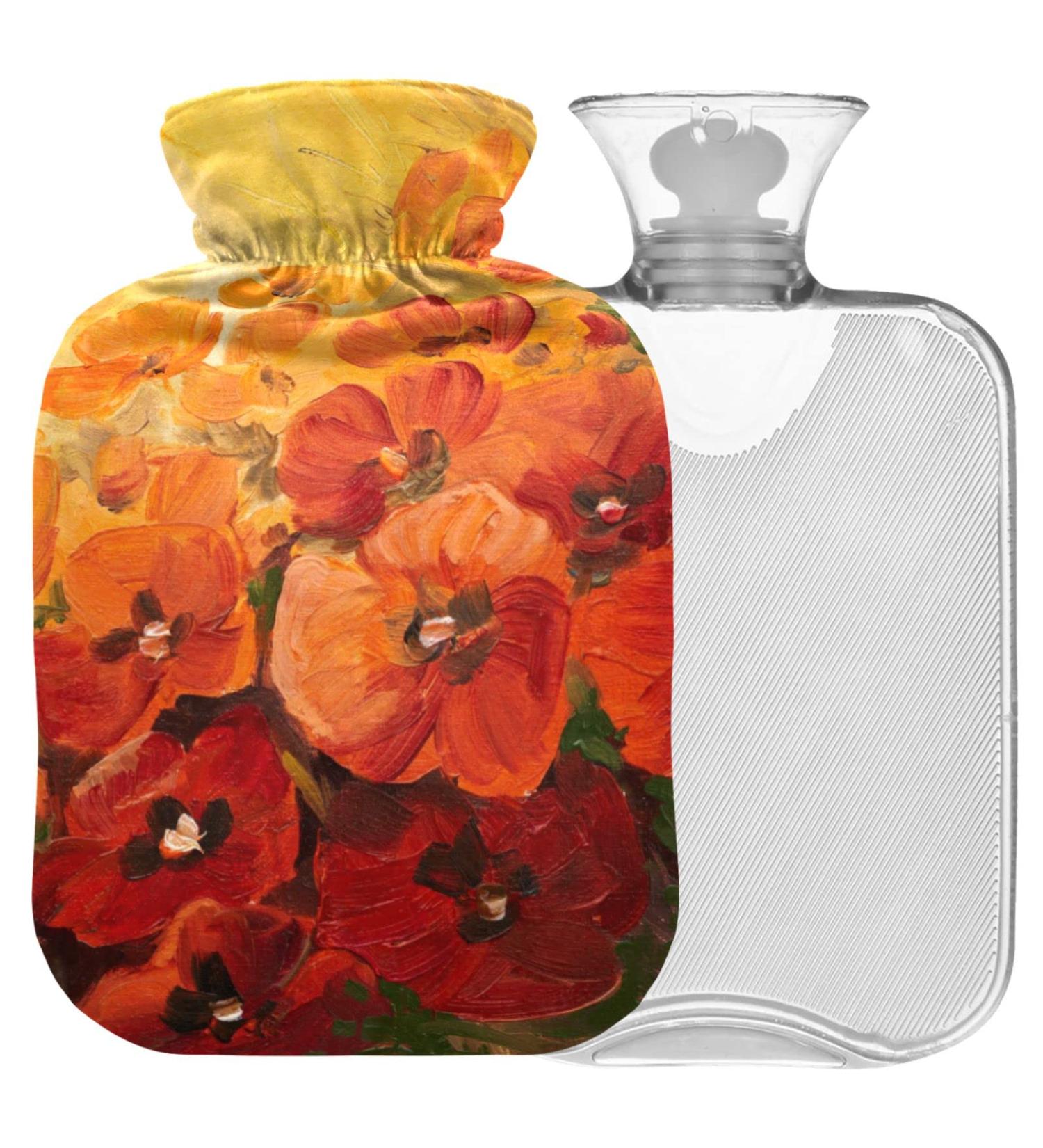 NAANLE 2L Transparent Hot Water Bottle with Lid - Oil Painting Poppy Flowers for Menstrual Cramps Pain Relief & Heat Therapy - Buy Online on GoSupps.com