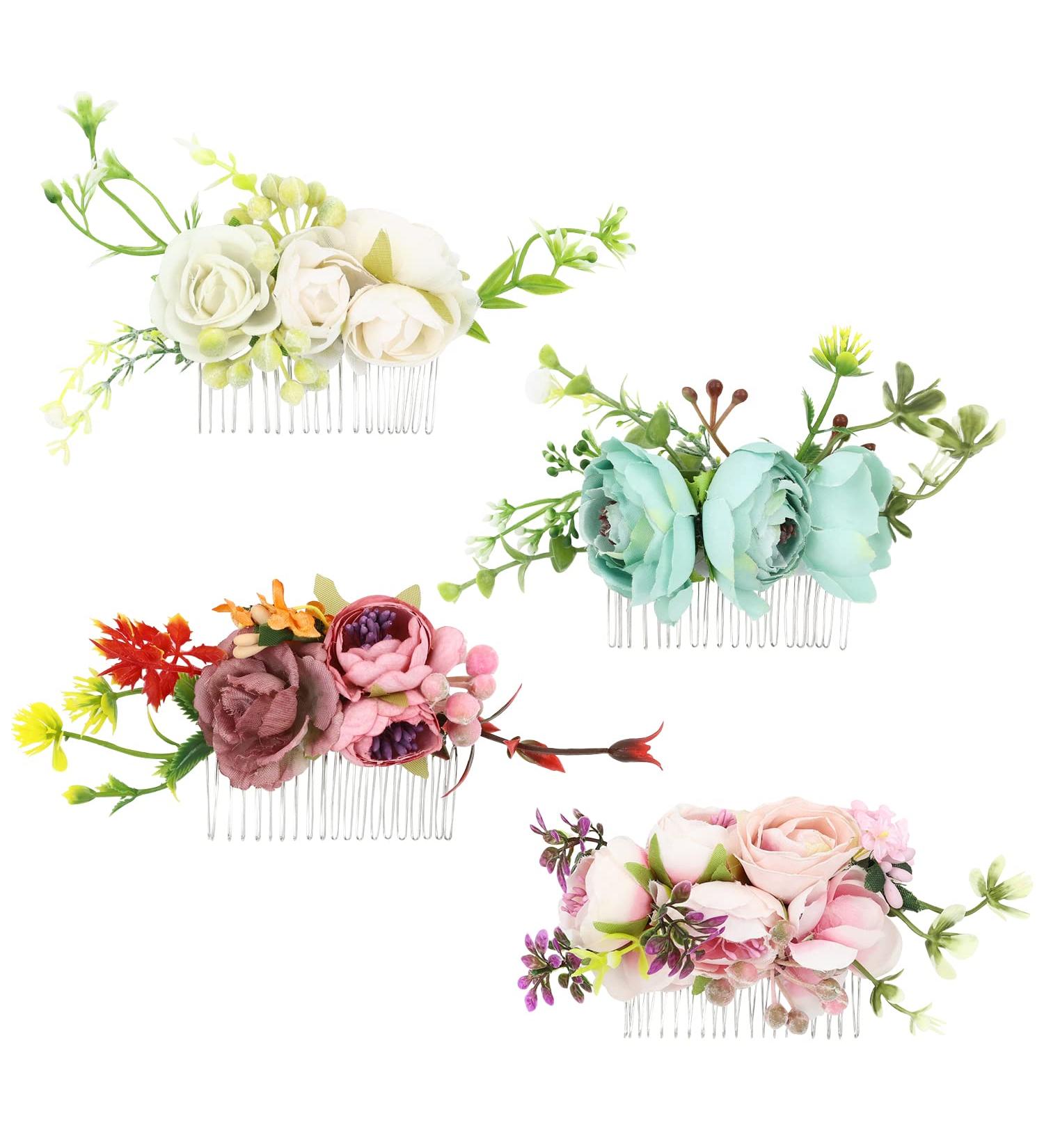 4 Pack Rose Flower Silver Wire Hair Combs - Women's Wedding Bridal Accessories - Buy Online on GoSupps.com