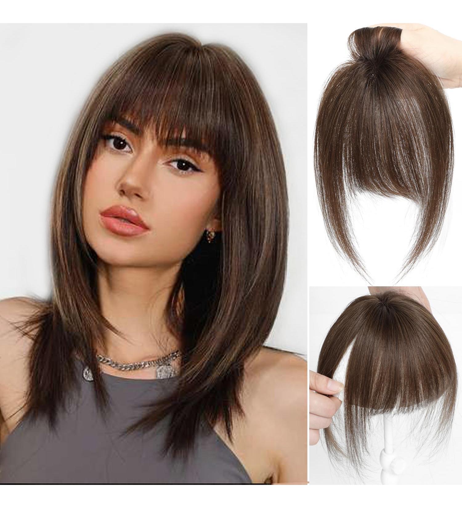 Bangs Hair Clip in Bangs Human Hair Clip on Fringe Human Hair Extensions Hair Toppers for Thinning Hair Women Real Hair 360 Clip on Bangs for Daily Wear Medium Brown(4#) - Buy Online on GoSupps.com