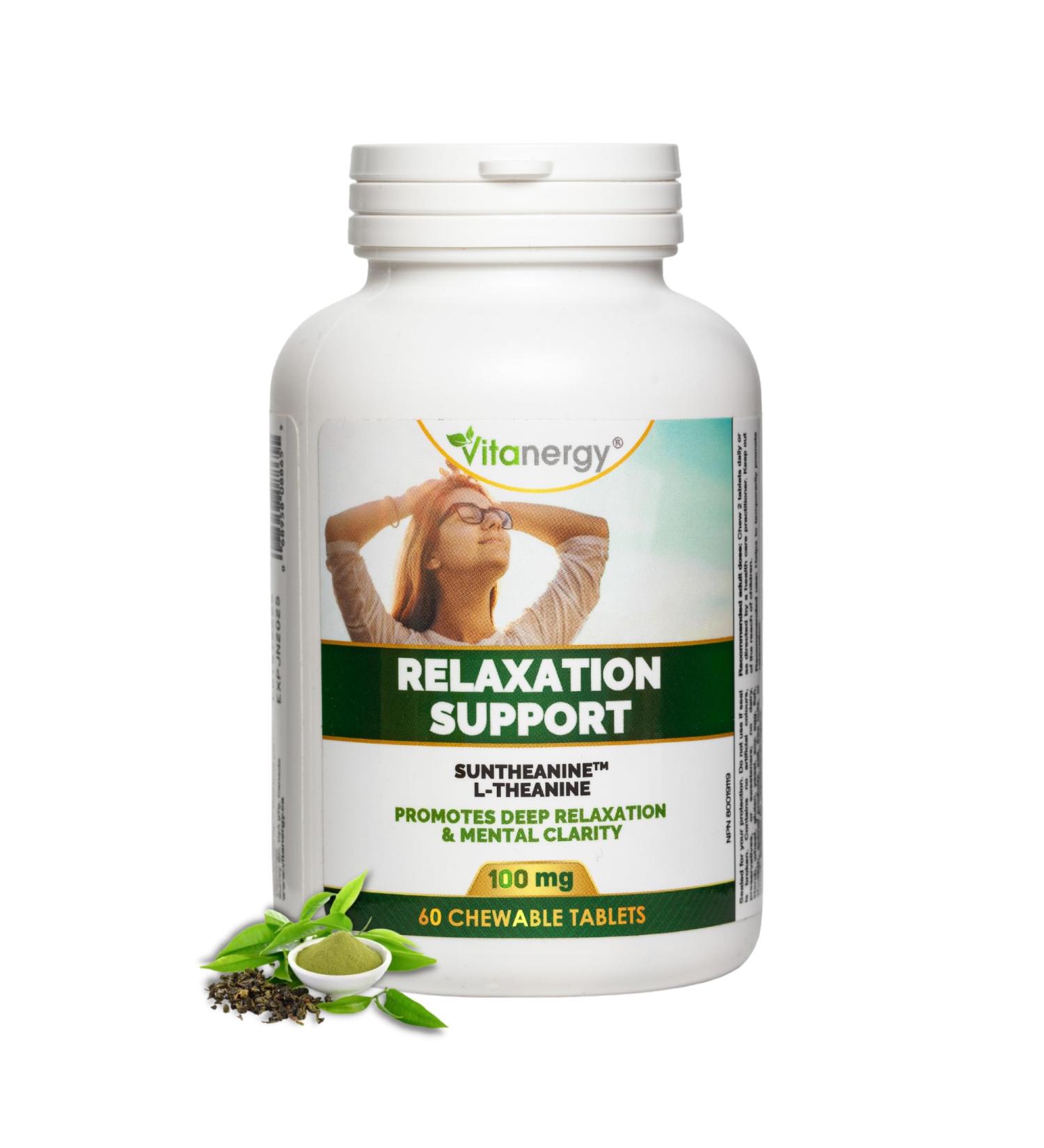 Vitanergy L-Theanine Mental Focus & Calmness - Promote Stress Anxiety Relief Relaxation and Sleep Aid - 100mg Chewable Tablets 60ct Tropical Flavor- Made in Canada - Buy Online on GoSupps.com