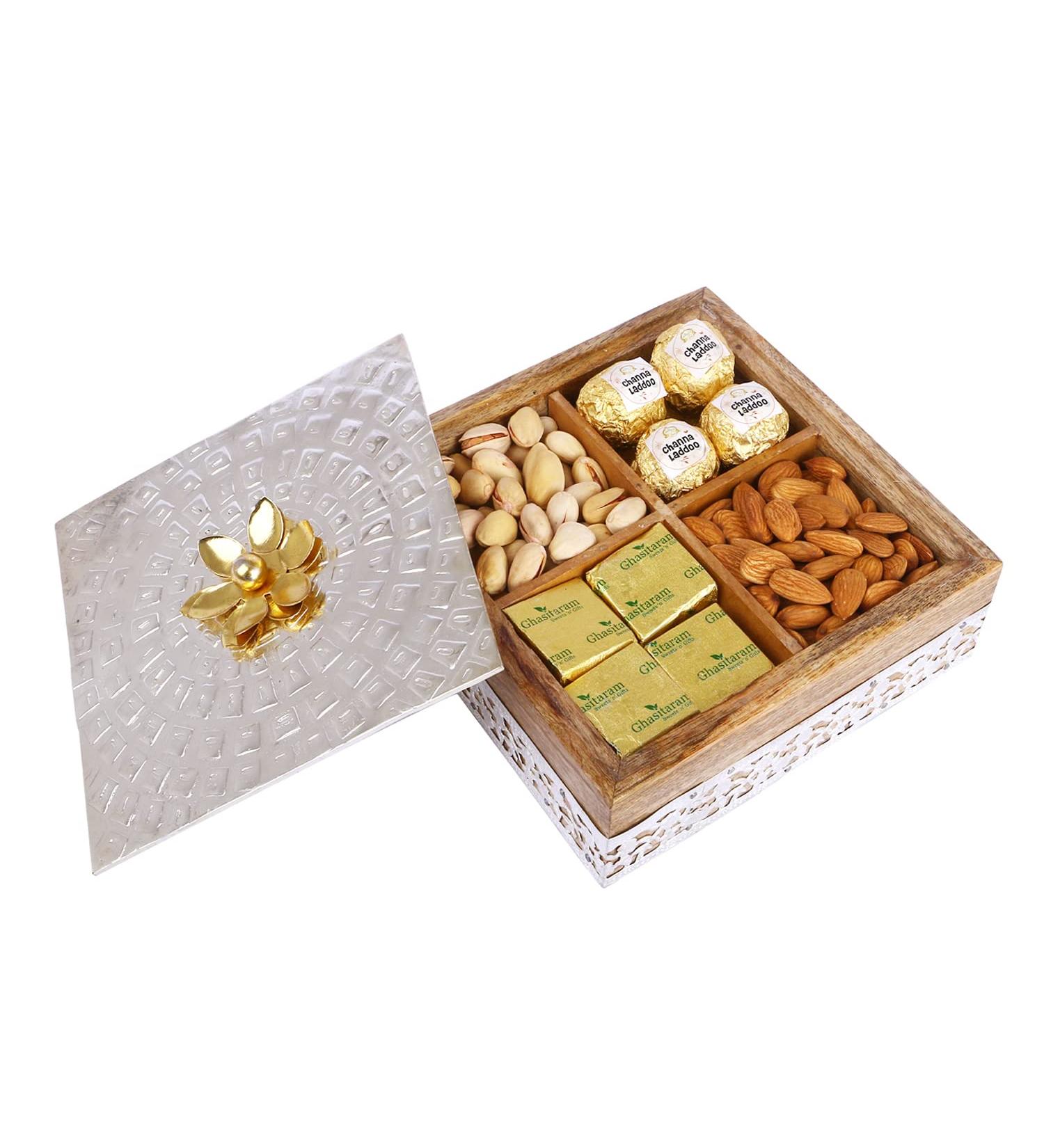 Jaiccha Ghasitaram Wooden Metal Box with Almonds Pistachios MEWA Bites and Channa Laddoo|Gift for Diwali Gifts Holi Rakhi Valentine Christmas Birthday Anniversary Her Him| Box with Almonds Pista MEWA Bites & Channa Laddoo - Buy Online on GoSupps.com