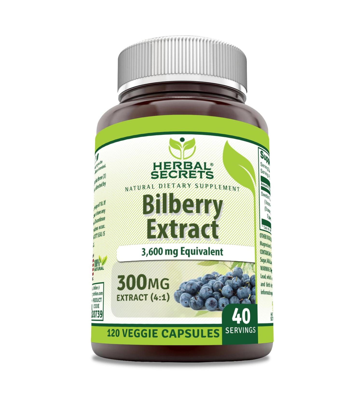 Herbal Secrets Bilberry Extract 300 Mg | 4:1 Extract (3600 mg Equivalent) | Veggie Capsules | Non-GMO | Gluten-Free | Made in USA (120 Count) Unflavored - Buy Online on GoSupps.com