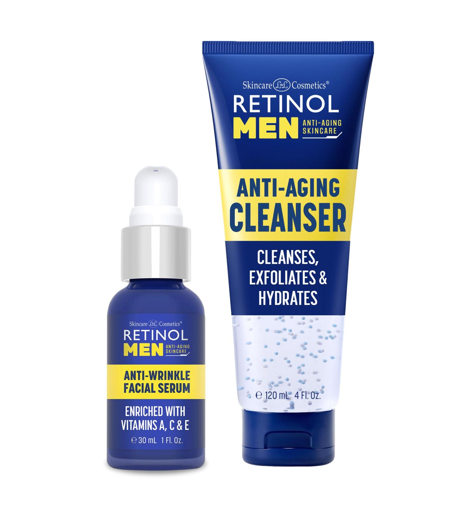 Retinol Men Facial Serum - Vitamin-Enriched Smooth Fine Lines & Wrinkles + Retinol Men Gel Cleanser Gently Exfoliates skin for Improved Texture - Buy Online on GoSupps.com