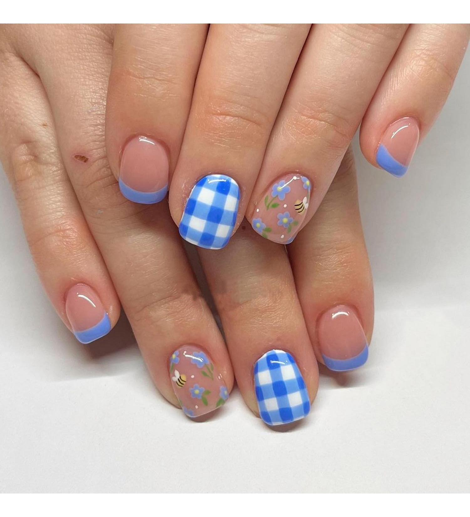 Shop Cute Press on Nails - Bee & Flower Designs | Square Full Cover Acrylic Nails - Blue & White Checkered French Tips for Summer - Perfect for Women & Girls - Buy Online on GoSupps.com