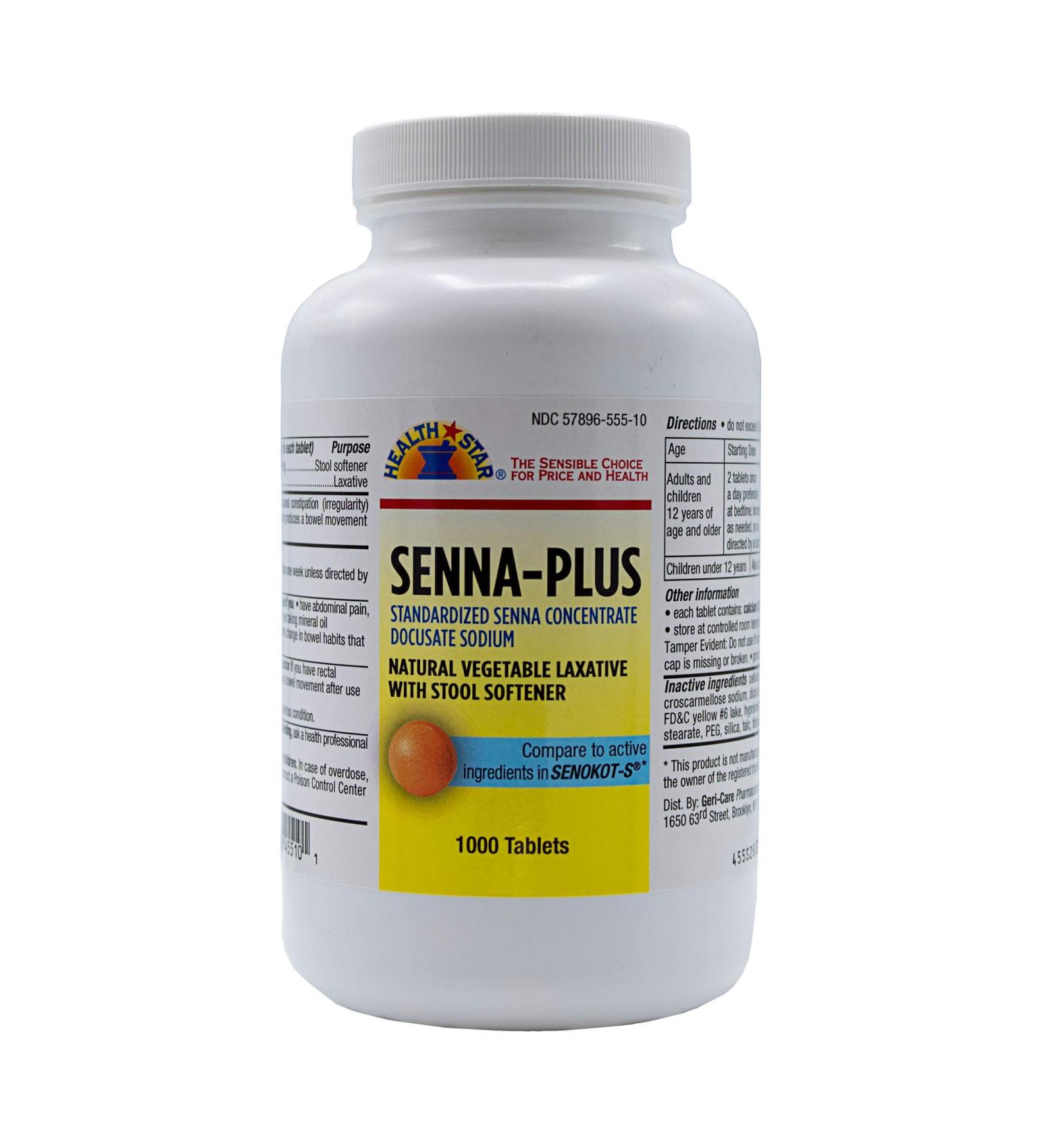 Health Star Senna Plus Laxative Tablets, 50 mg / 8.6 mg Strength, Docusate Sodium / Sennosides (1,000 Tablets)
