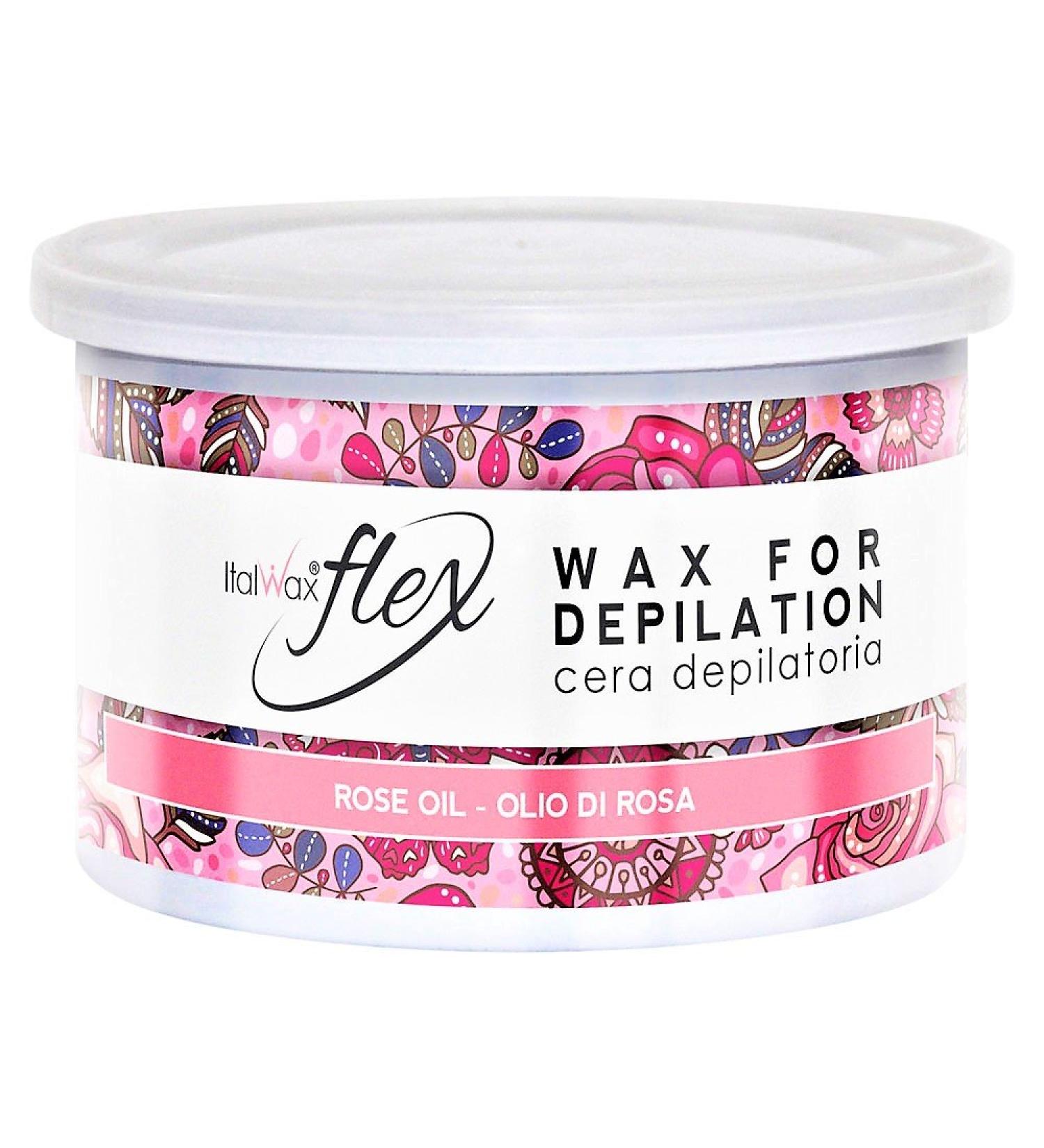 Warm wax flex line very flexible applied in thin layer with spatula on large areas absorbs all hair and ensures firm liability with the fleece strip.(Rose oil 400ml)