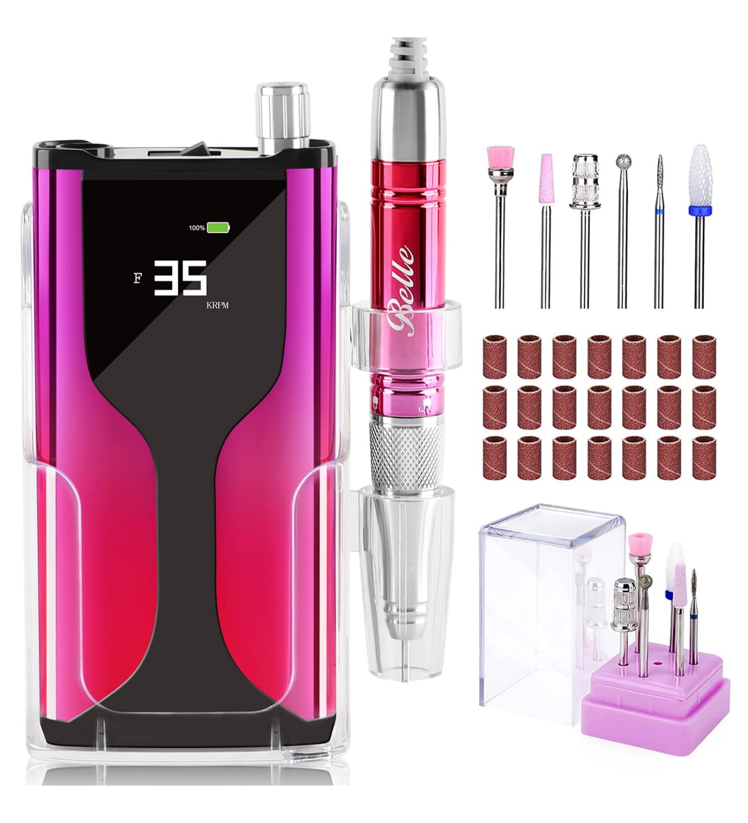 Rechargeable Belle Professional Nail Drill Machine 35000 RPM for Acrylic Nails 6 Bits, Brushless Motor, Manicure/Pedicure E File - Rose Pink - Buy Online on GoSupps.com
