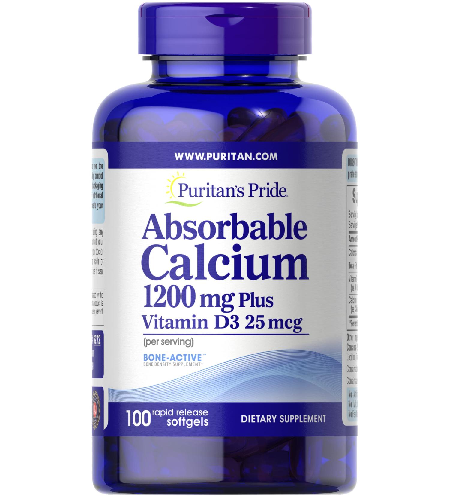 Puritan's Pride Absorbable Calcium 1200mg with Vitamin D 1000IU - 100 Softgels for Bone Health - Buy Online on GoSupps.com