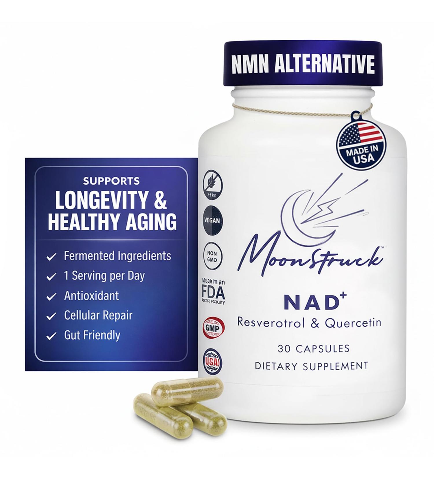 My MoonStruck Fermented NAD Supplement - with Resveratrol & Quercetin Support Anti Aging Longevity 30 Capsules NAD Resveratrol Supplements NAD+ Supplement | Third Party Tested Vegan Safe Non-GMO - Buy Online on GoSupps.com