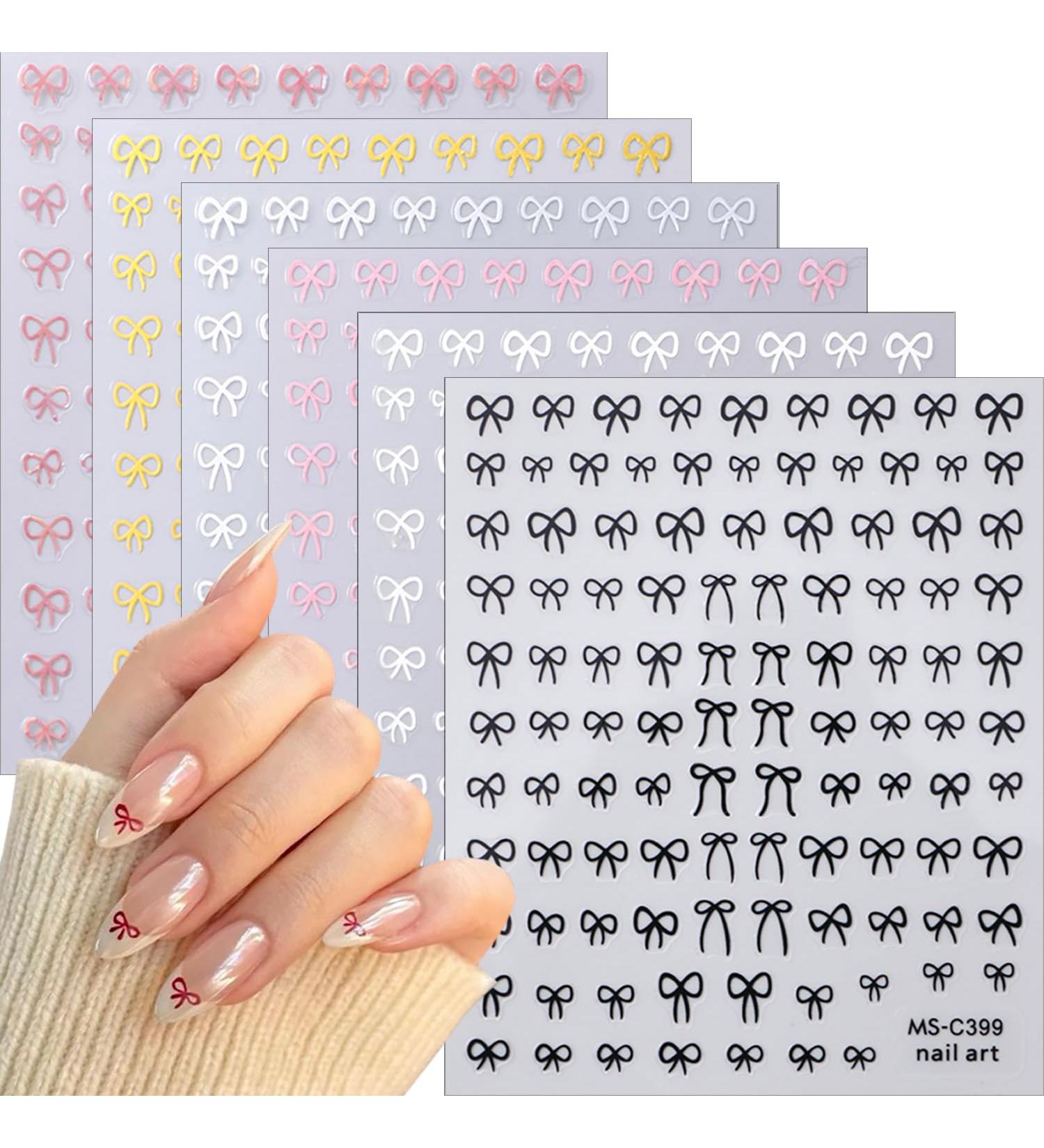 6 Sheets 3D Bow Nail Stickers - Self-Adhesive Nail Art Decals in Gold Silver Red Pink White & Black | DIY Acrylic Nail Decorations for Women - Buy Online on GoSupps.com