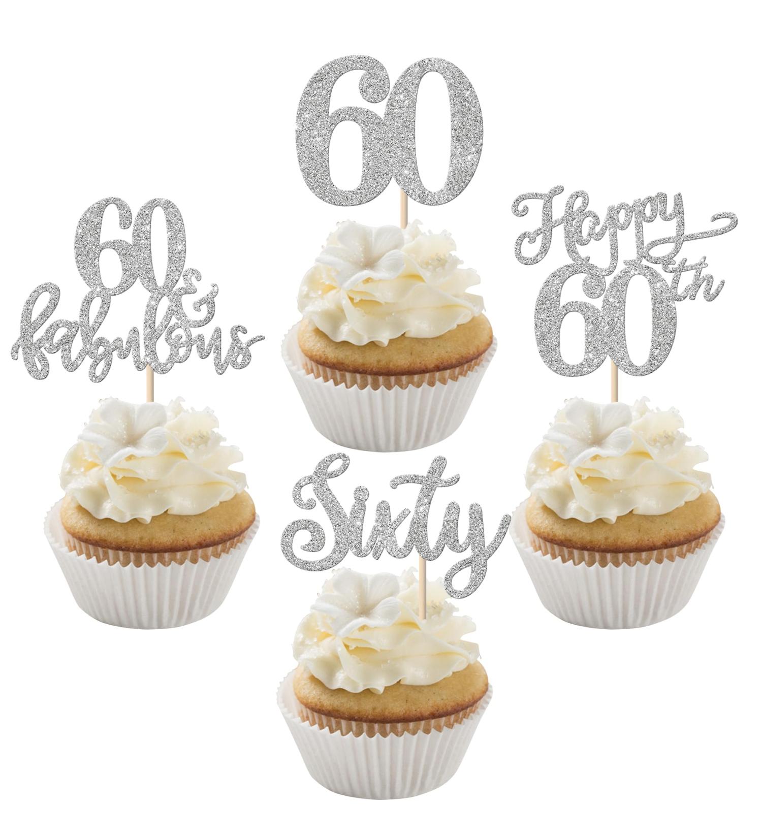 Rsstarxi 24 Pack Happy 60th Birthday Cupcake Toppers Glitter Sixty 60 Fabulous Cupcake Food Picks for 60th Birthday Wedding Anniversary Party Cake Decorations Silver Design 1 60th Silver