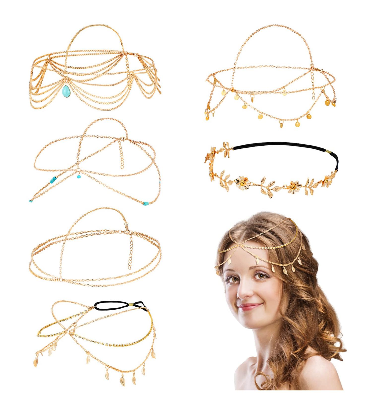 Bohemian Bridal Headpiece with Gemstone Tassel Chain - MTLEE 6-Piece Gold Head Chain Jewelry for Women - Buy Online on GoSupps.com