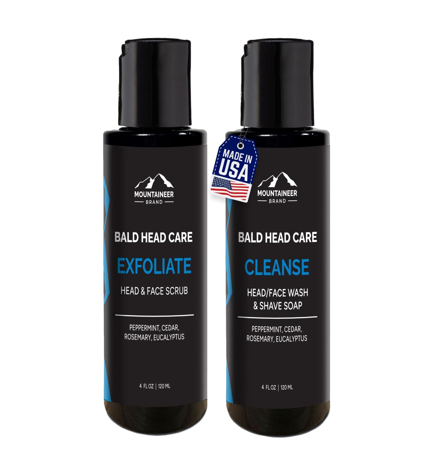 Mountaineer Brand Bald Head Care for Men | Exfoliating Scalp & Face Scrub | All-Natural Cleansing Shampoo & Hydrating Shaving Soap | 4oz Each | International Shipping Available - Buy Online on GoSupps.com
