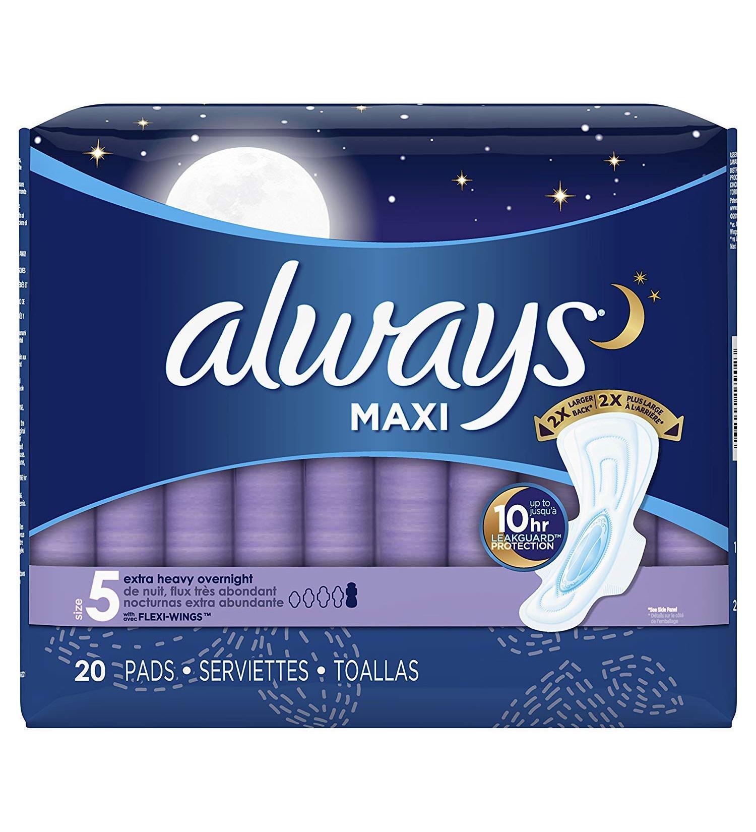Always Extra Heavy Overnight Maxi Pads with Flexi-Wings - 20 Count (Pack of 2)