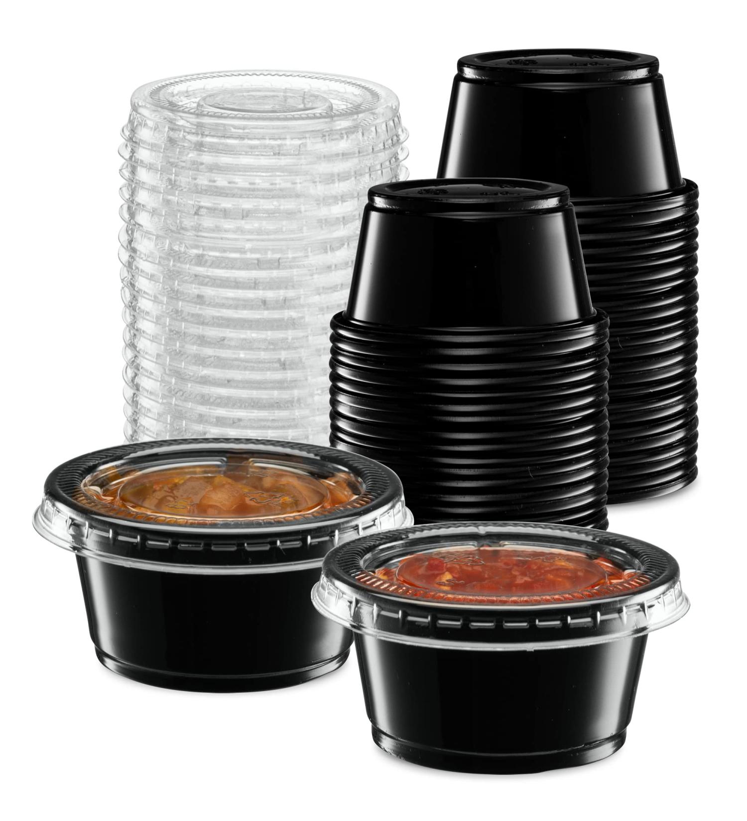 2 oz - 100 Sets Black Disposable Plastic Portion Cups with Lids for Jello Shots, Meal Prep, Sauce, Crafts & More - Buy Online on GoSupps.com