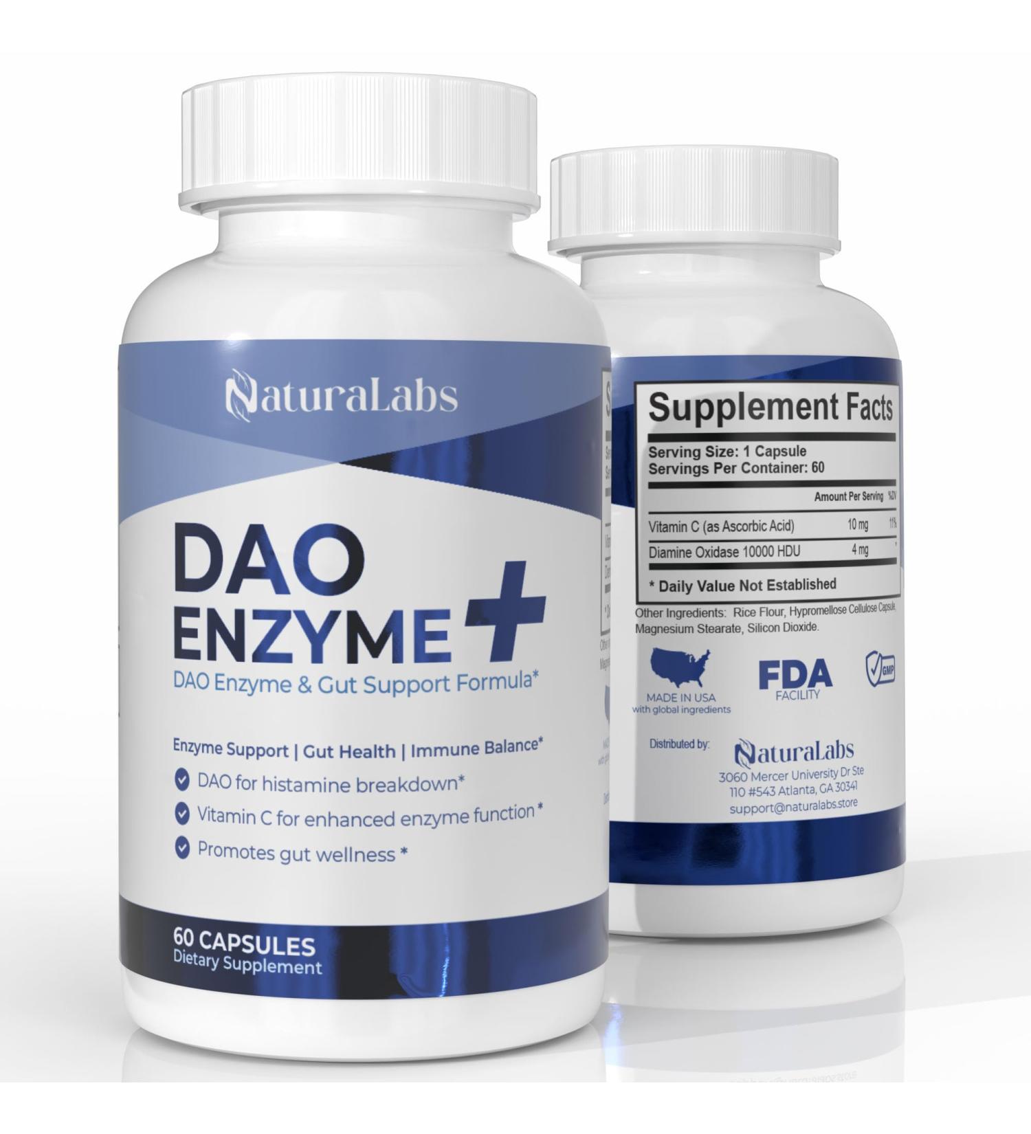 NATURALABS DAO Supplements Histamine Blocker DAO Enzyme + Diamine Oxidase & Vitamin C for Gut Health & Food Support 60 Servings - 1 Capsule Before Meals for Histamine Intolerance - Buy Online on GoSupps.com