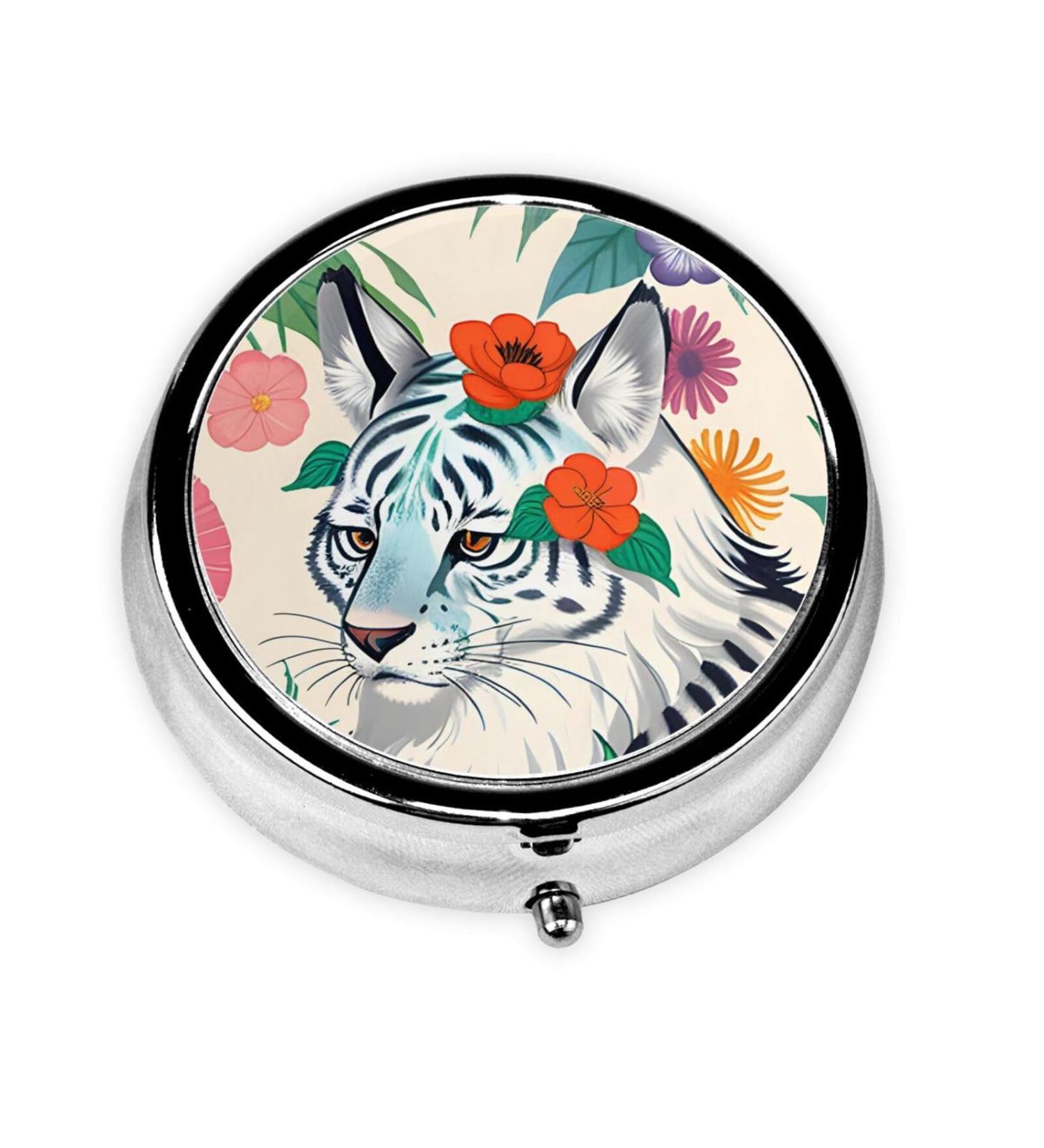 Cute White Tiger Round Pill Box | 3 Compartment Travel Organizer for Purse & Pocket - Buy Online on GoSupps.com