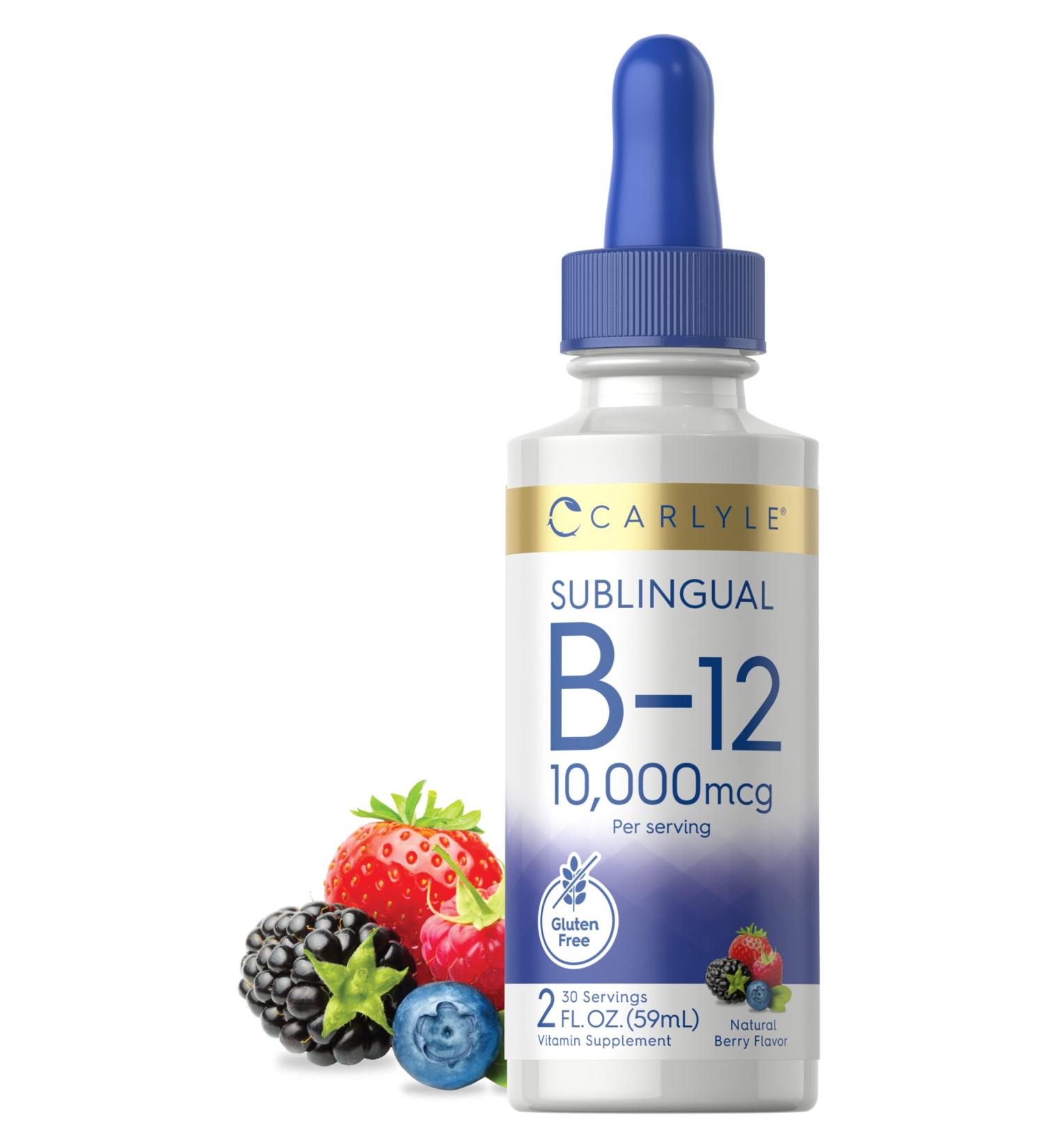 Carlyle Vitamin B12 Sublingual Liquid 10000mcg - 2 fl oz | Vegetarian, Non-GMO, Gluten-Free - Buy Online on GoSupps.com