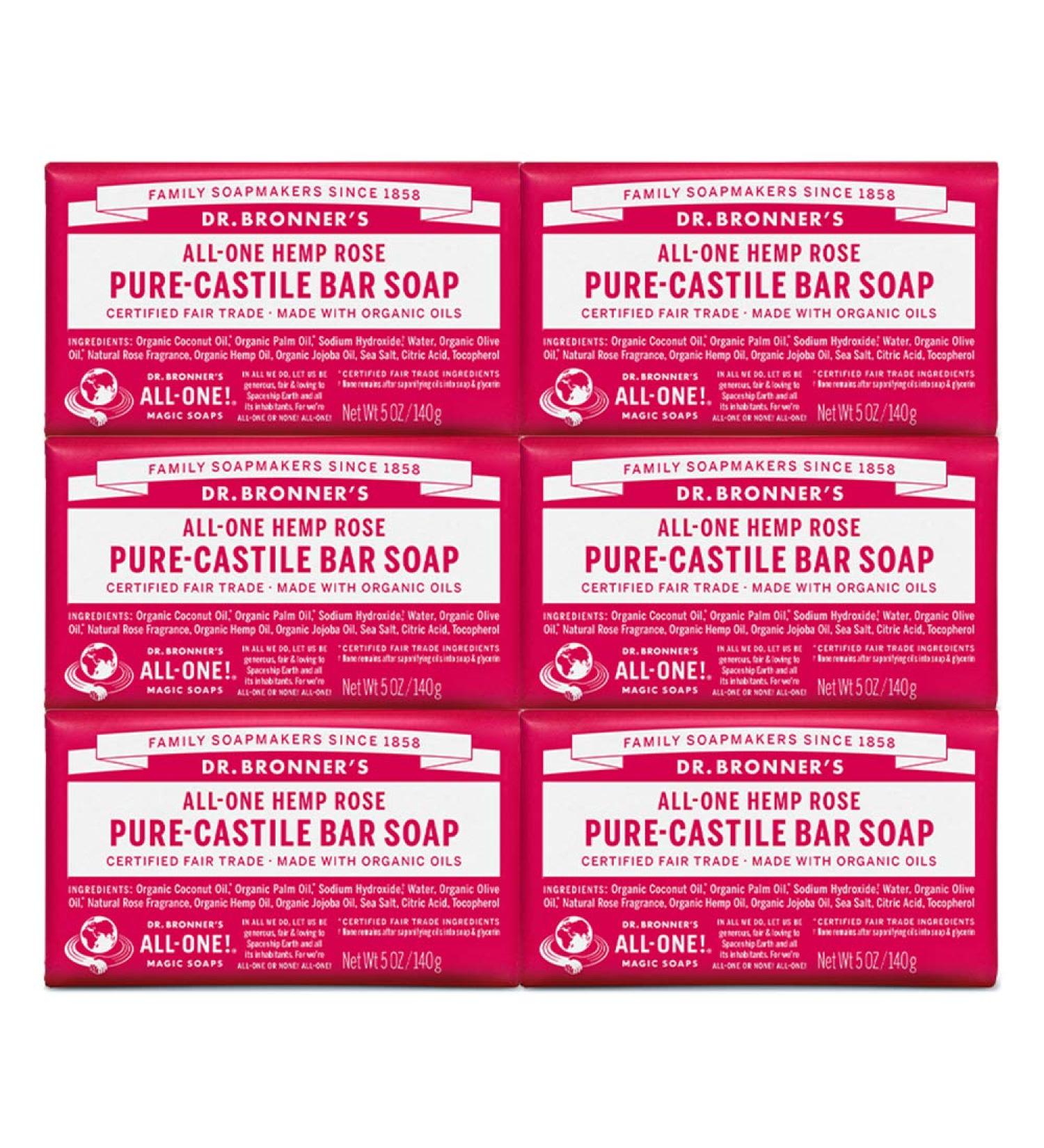 Dr. Bronner's Pure-Castile Bar Soap - Rose (5 oz, 6-Pack) | Organic, Vegan, Biodegradable, Gentle for Face, Body & Hair - Buy Online on GoSupps.com