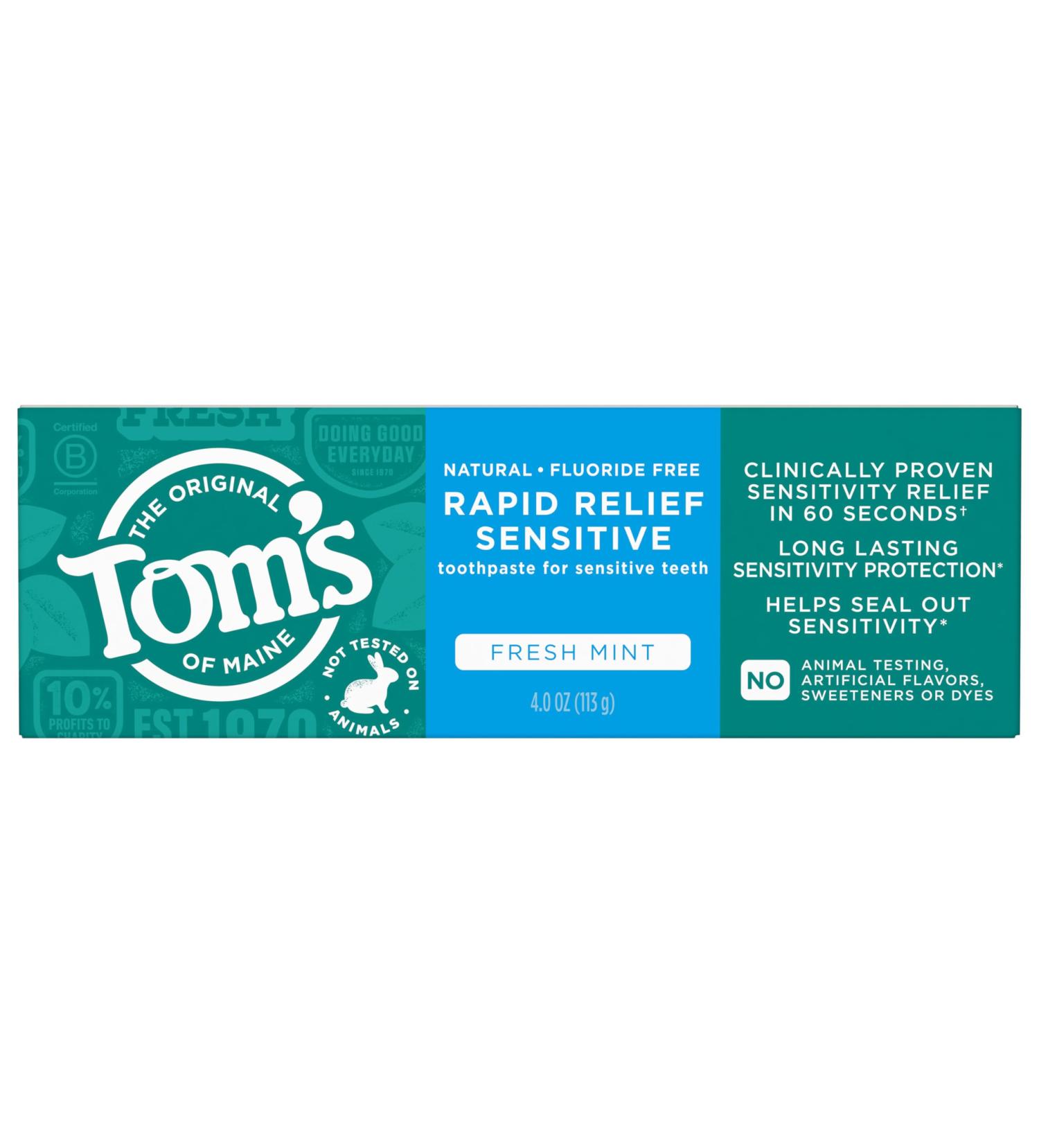 Tom's of Maine Fluoride-Free Rapid Relief Sensitive Toothpaste - Fresh Mint 4 oz | International Shipping Available - Buy Online on GoSupps.com