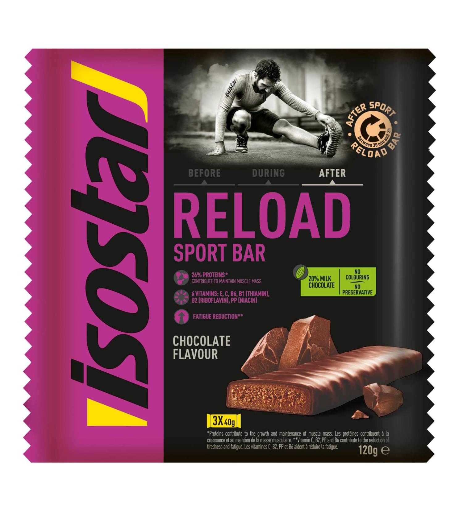 Isostar Reload Sport Bar Chocolate - Protein Recovery Bars - After Exercise - Healthy Sports Snack - No Coloring - No Preservatives - 1 Pack of 3 Units (3 x 40 g) - Buy Online on GoSupps.com