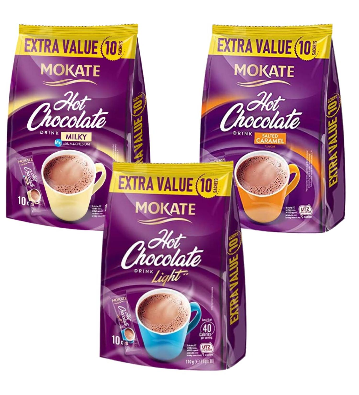 Hot Chocolate Bundle With Mokate Milky 10 Pack 180g Salted Caramel 10 Pack 180g and Light Hot Chocolate 10 Pack 110g (3 Pack) - Buy Online on GoSupps.com