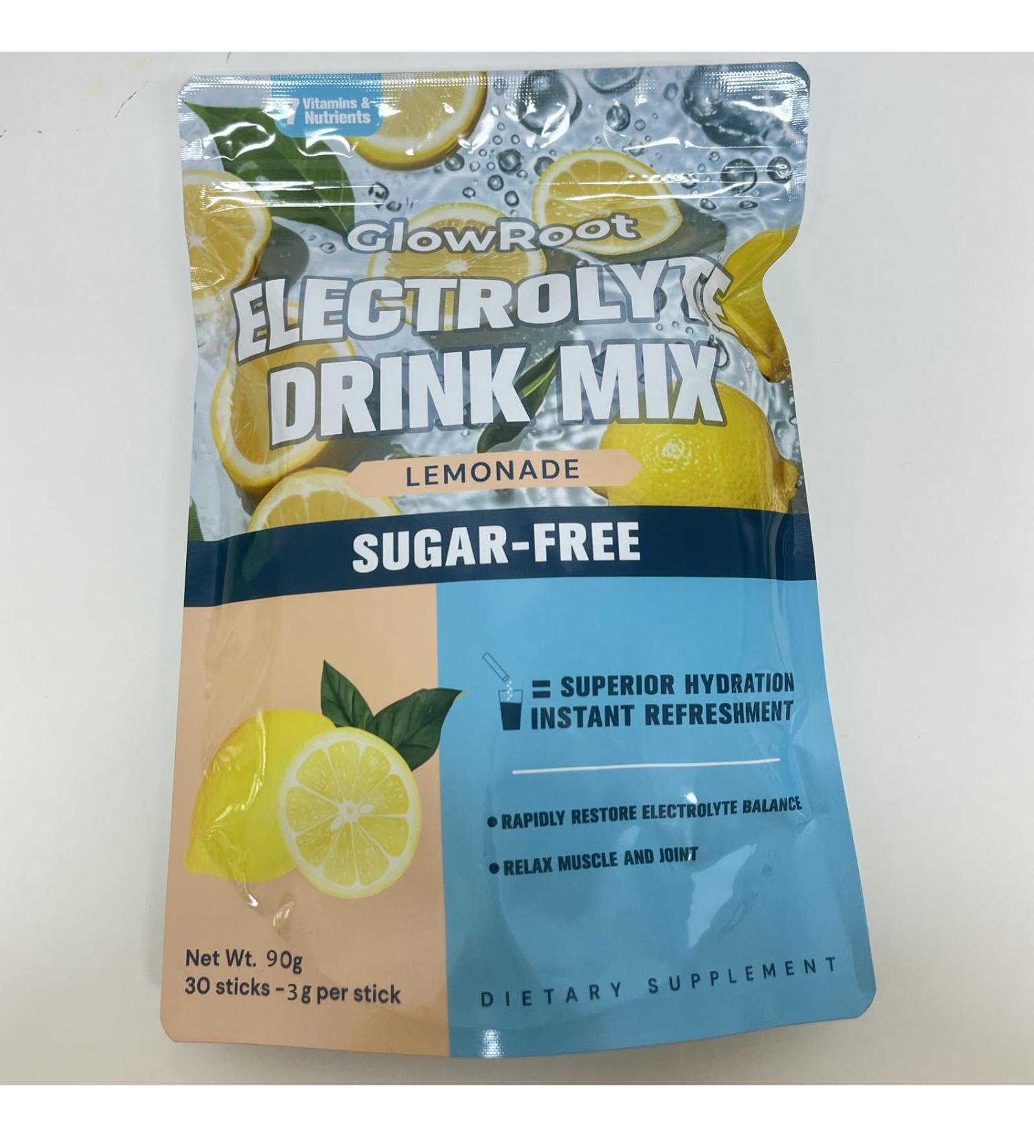 GlowRoot Electrolyte Drink | Zero Sugar Electrolytes Powder | Travel Essentials Single Serve Packets| Planted Based| Non-GMO | Lemon Flavor - 90g