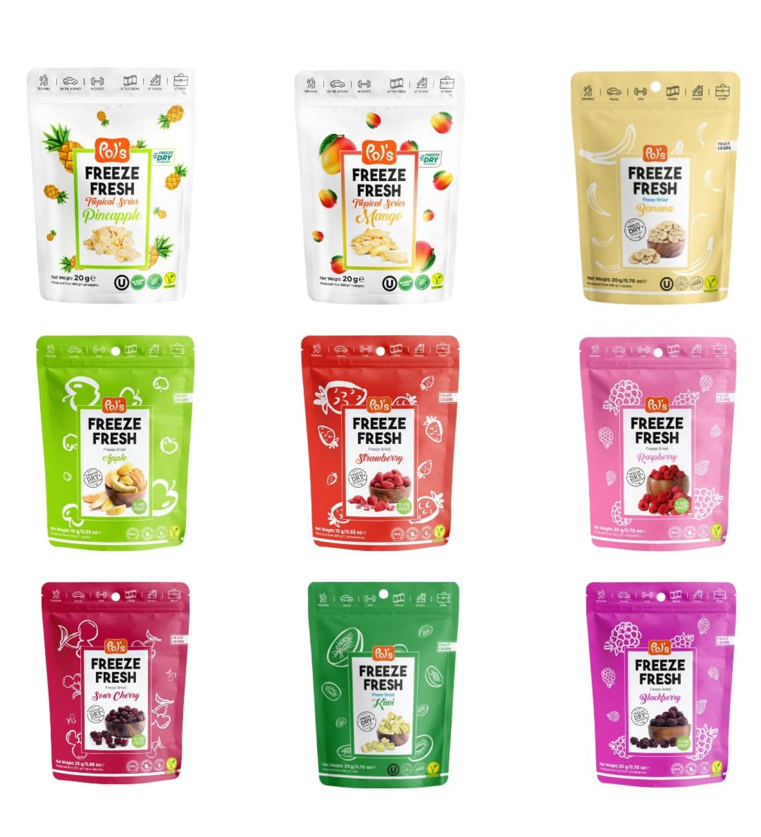 POL'S POL s Freeze Fresh Freeze-Dried Fruits Healthy Quality Snacks Made with Fruit Candy & Sugar Free Toppings for Porridge & Cereal Vegan Gluten Free 9 Pack Fruit Chips