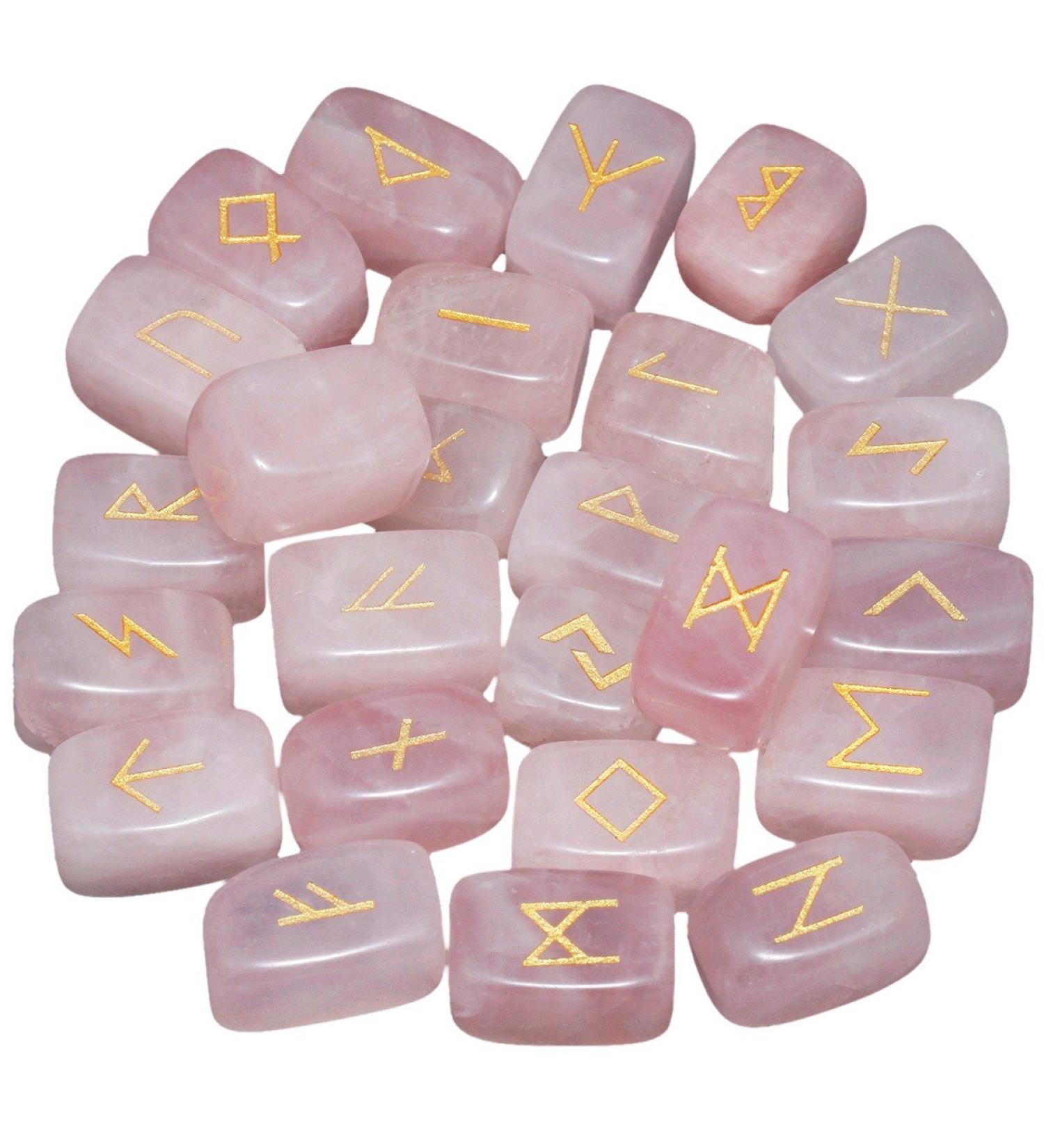Rose Quartz Norse Rune Stones Set - 25 Elder Futhark Alphabet Symbols for Divination and Reiki Healing - Witchcraft Pagan Supplies and Spiritual Gift - Buy Online on GoSupps.com