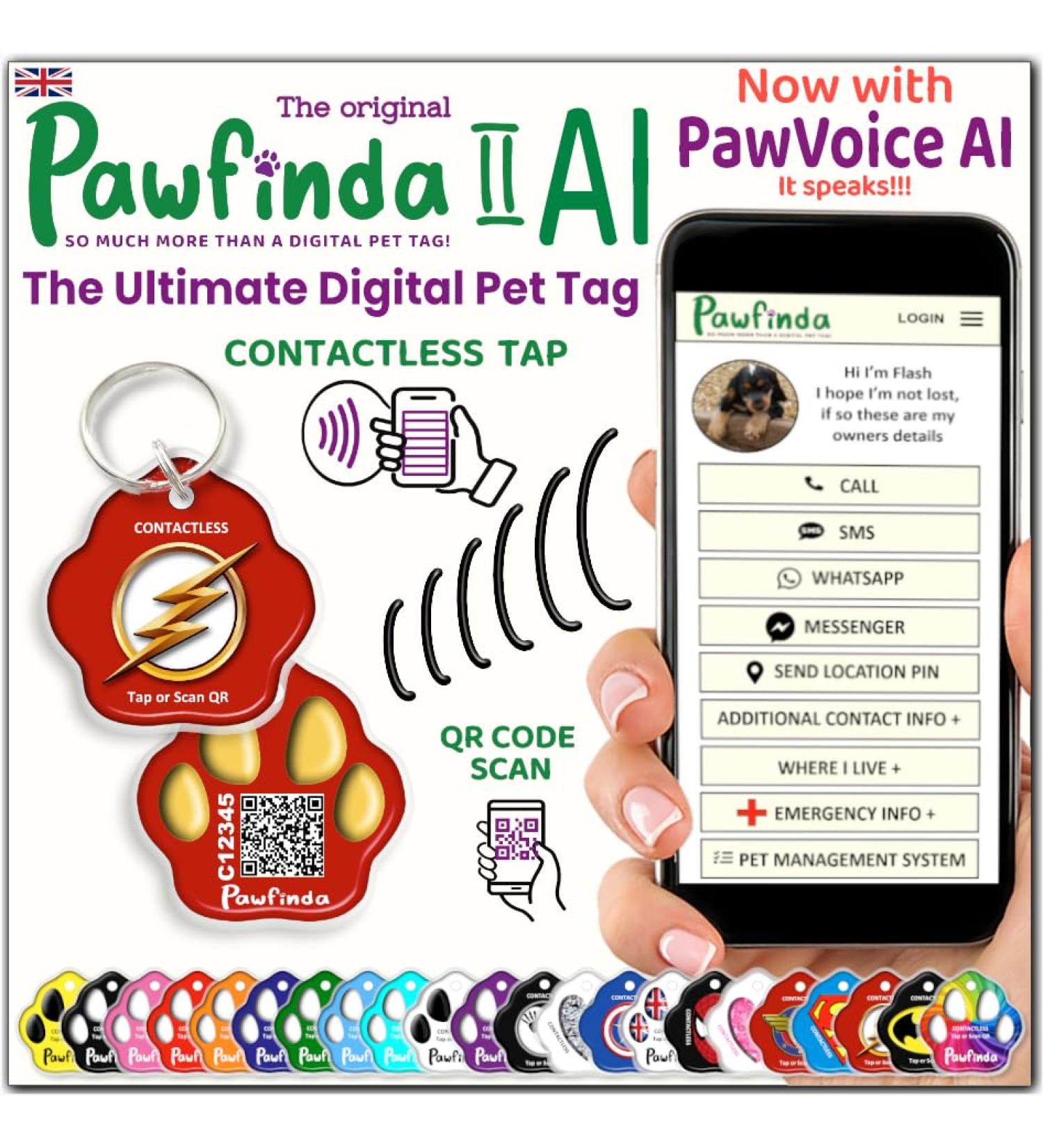 Pawfinda II AI Next Gen AI Digital Personalised Cat Dog Pet Engraved ID Tag with CONTACTLESS NFC and QR Code Technology Now with PawVoice AI. UK Developed Designed and Supported. Flash Paw - Buy Online on GoSupps.com