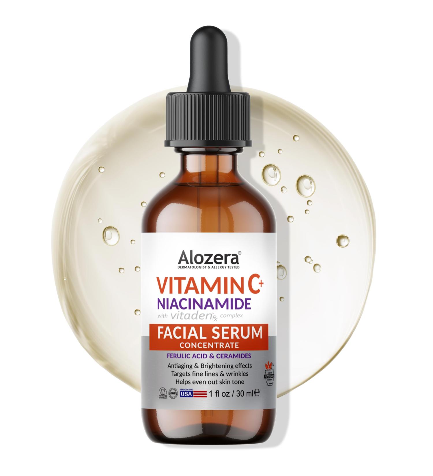 Alozera Vitamin C Facial Serum with Niacinamide & Ferulic Acid Anti-Aging Serum for Visible Brightening Glowing & Radiant Skin Concentrated Gentle & Effective Day & Night - Buy Online on GoSupps.com
