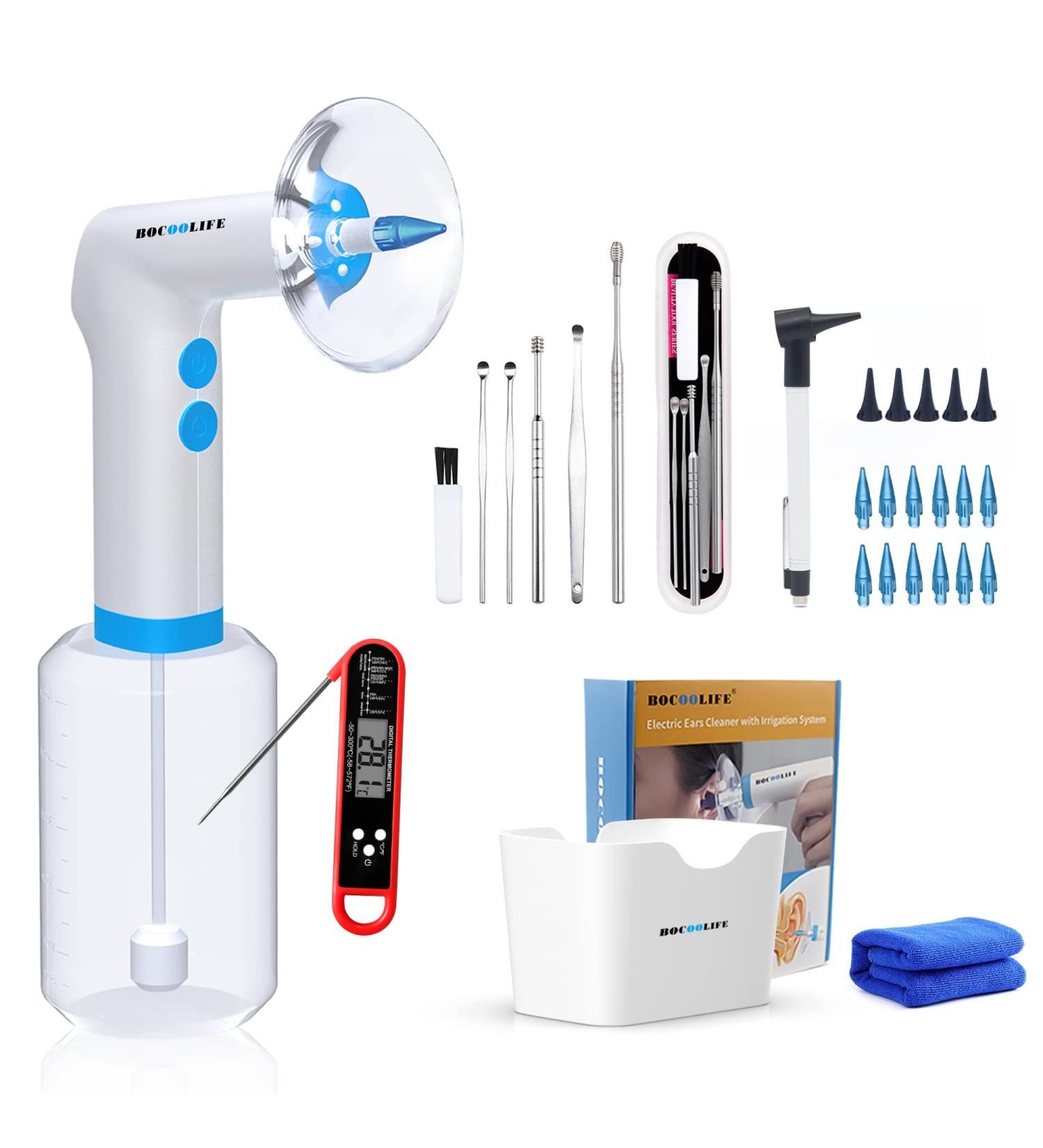 BOCOOLIFE Electric Ear Wax Removal Tool - Safe & Effective Ear Cleaner with 4 Pressure Settings for Adults - Includes Water Temperature Detector - Otoscope & Flushing System for Ear Care - Buy Online on GoSupps.com