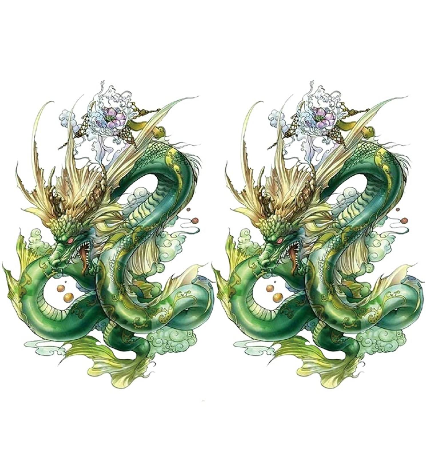 Oottati 2 Sheets Arm Thigh Waterproof Fake Temporary Tattoos Sticker Green Chinese Dragon
