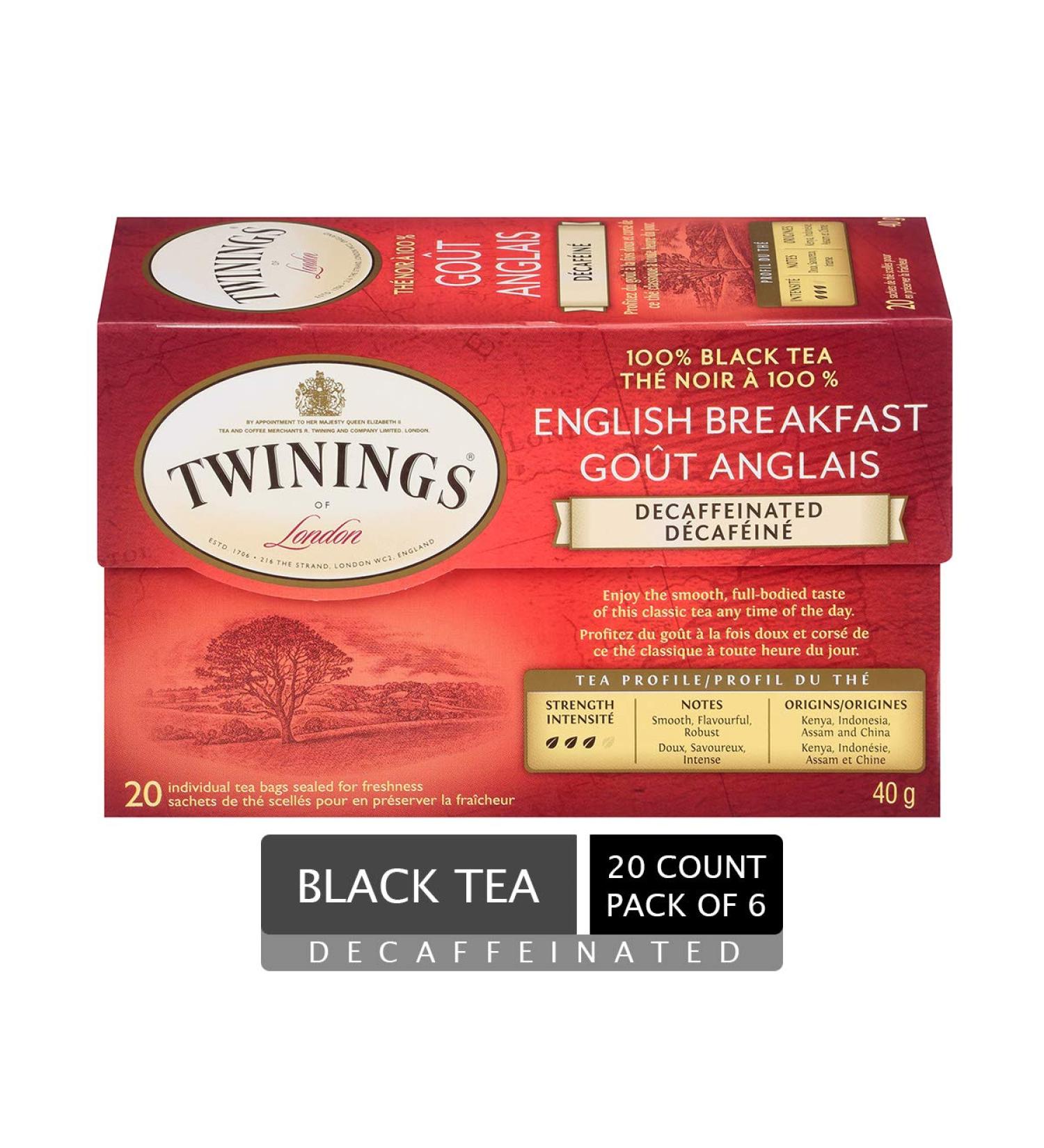 Twinings Decaf English Breakfast Individually Wrapped Tea Bags | Decaffeinated Black Tea | Smooth Flavourful Robust | 20 Count (Pack of 6) | Enjoy Hot or Iced Decaf English Breakfast 20 Count (Pack of 6) - Buy Online on GoSupps.com