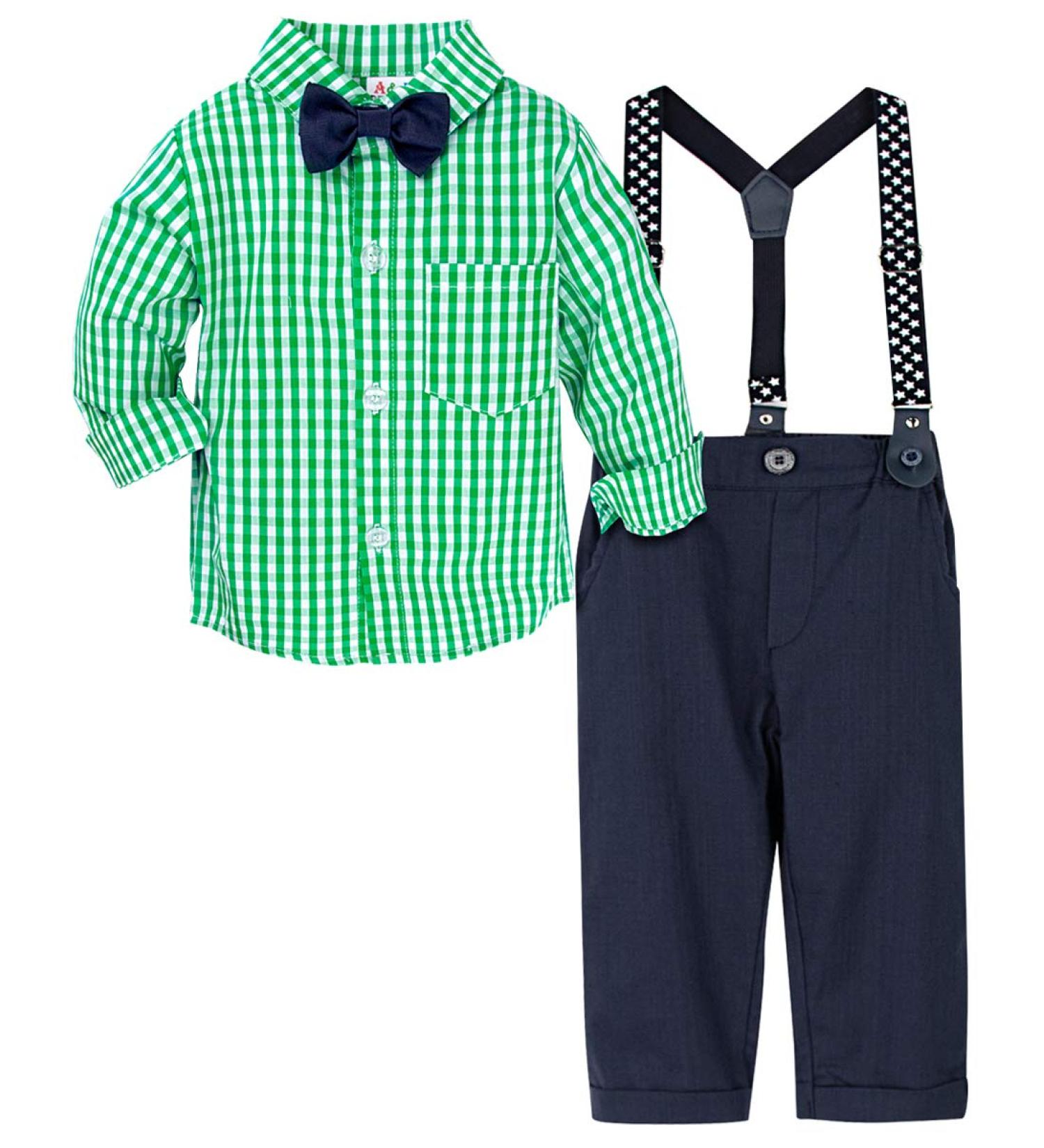 Mint Green Baby Boy 4pcs Gentleman Wedding Suit Set 18-24 Months - Long Sleeves Striped Shirts, Trousers, Suspenders, Bowtie - Buy Online on GoSupps.com