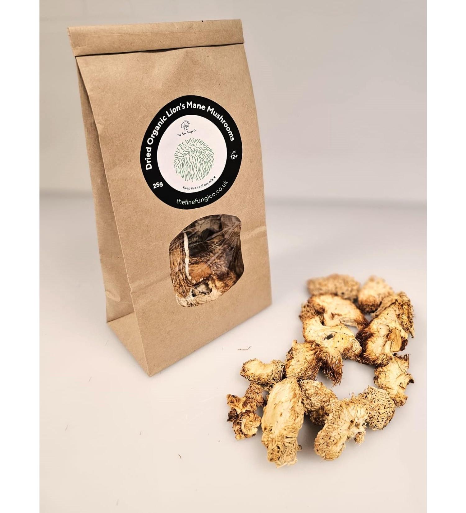 British Grown Lion's Mane Dried Mushrooms 25g by The Fine Fungi co. (5 Servings). Premium Quality - Vegan - Palm Oil and GMO Free