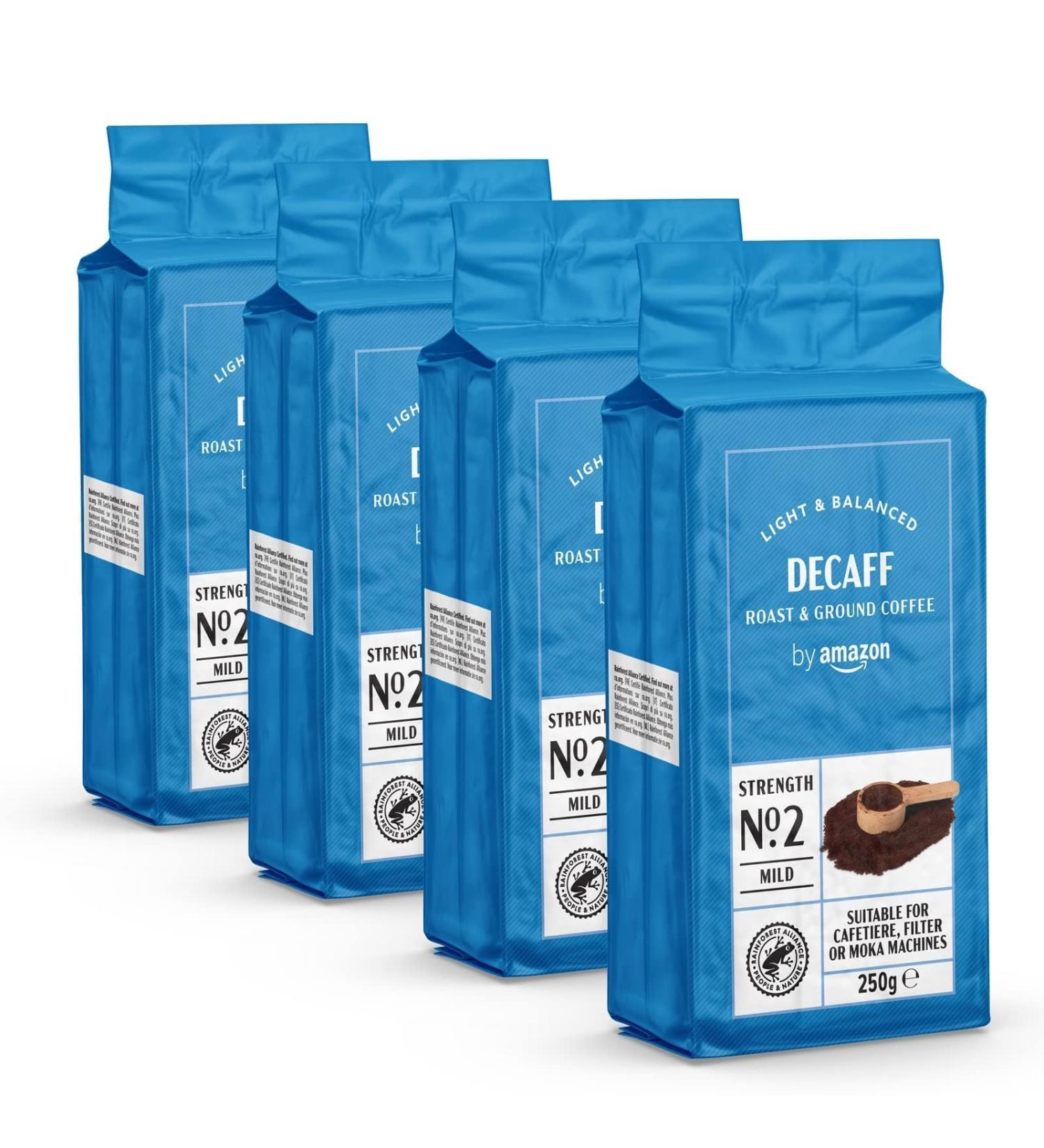 by Amazon Decaffeinato Decaffeinated Ground Coffee Light Roast 1kg 4 Pack of 250g - Rainforest Alliance Certified - Buy Online on GoSupps.com