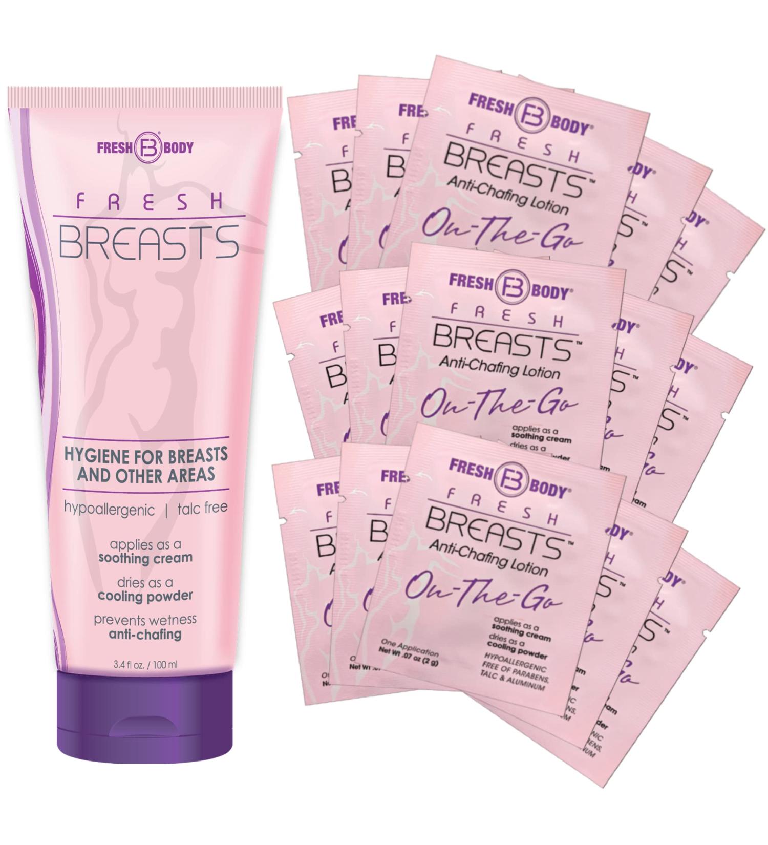 Fresh Body FB - Fresh Breasts Anti-Chafing Lotion 3.4 FL Oz + On-The-Go Travel Size Packet (15 Pack) | Women's Soothing Lotion to Powder - Buy Online on GoSupps.com