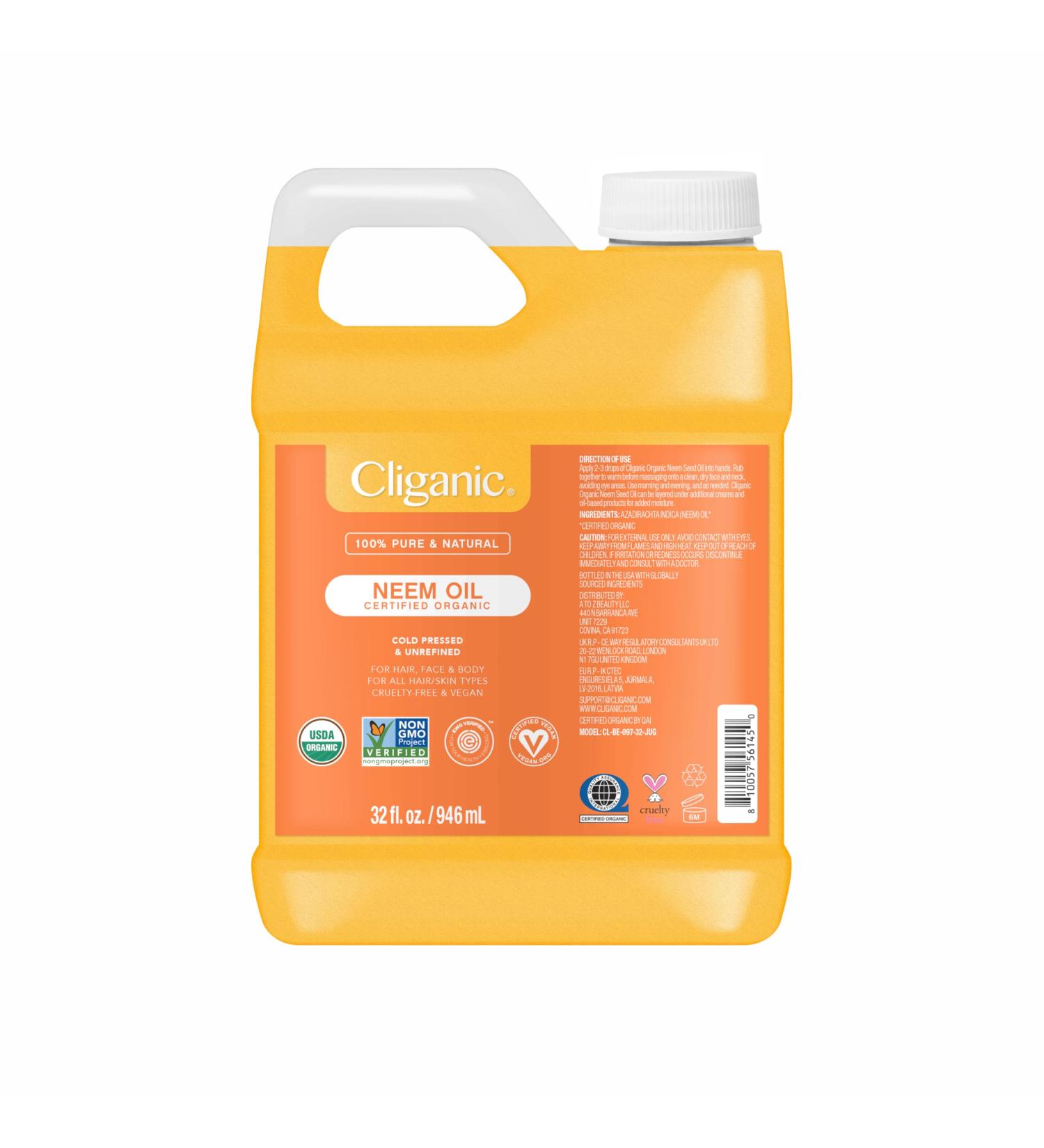 Cliganic Organic Neem Oil Bulk 32oz Jug for Face, Skin & Plants - 100% Pure | Natural Cold Pressed Non-GMO 32 Fl Oz (Pack of 1)