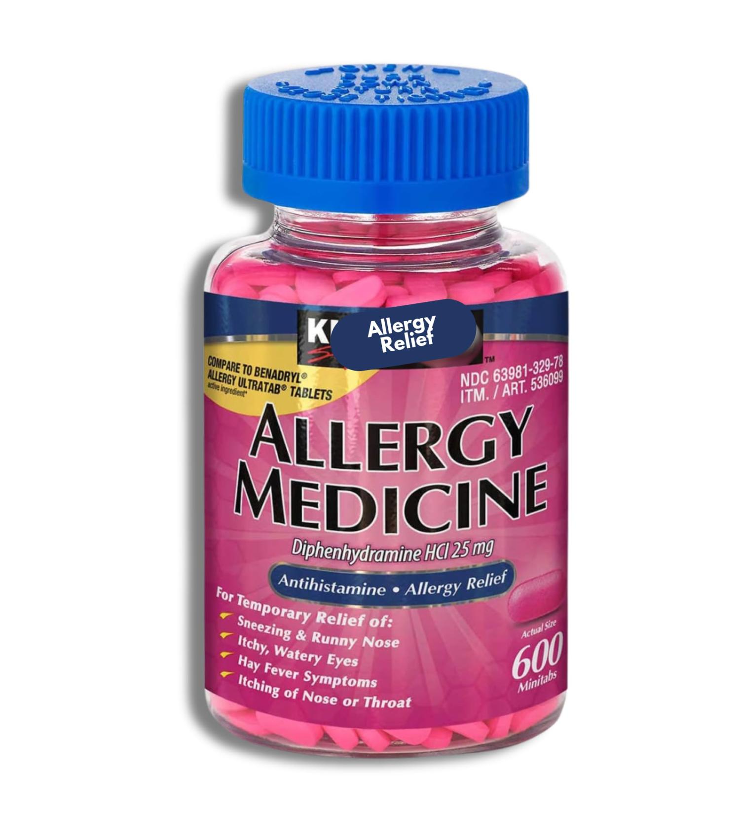 KP+ Allergy Medicine Diphenhydramine HCl 25 mg | Antihistamine Allergy Relief Tablets | 600 Mini Tabs | for Sneezing Runny Nose & Itchy Eyes Relief | Pack of 1