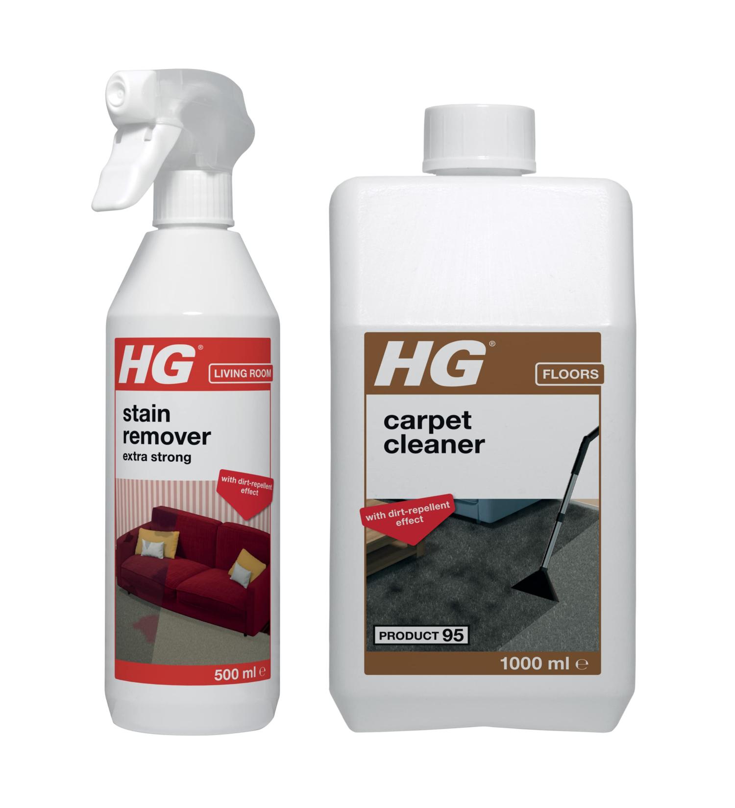 HG Stain Remover Extra Strong Carpet & Upholstery Stain Spray Effective Stain Remover For Nearly All Types of Fabrics 500 ml (Pack of 1) + HG carpet cleaner 1L Bundle mit (Stain Remover + Carpet cleaner)